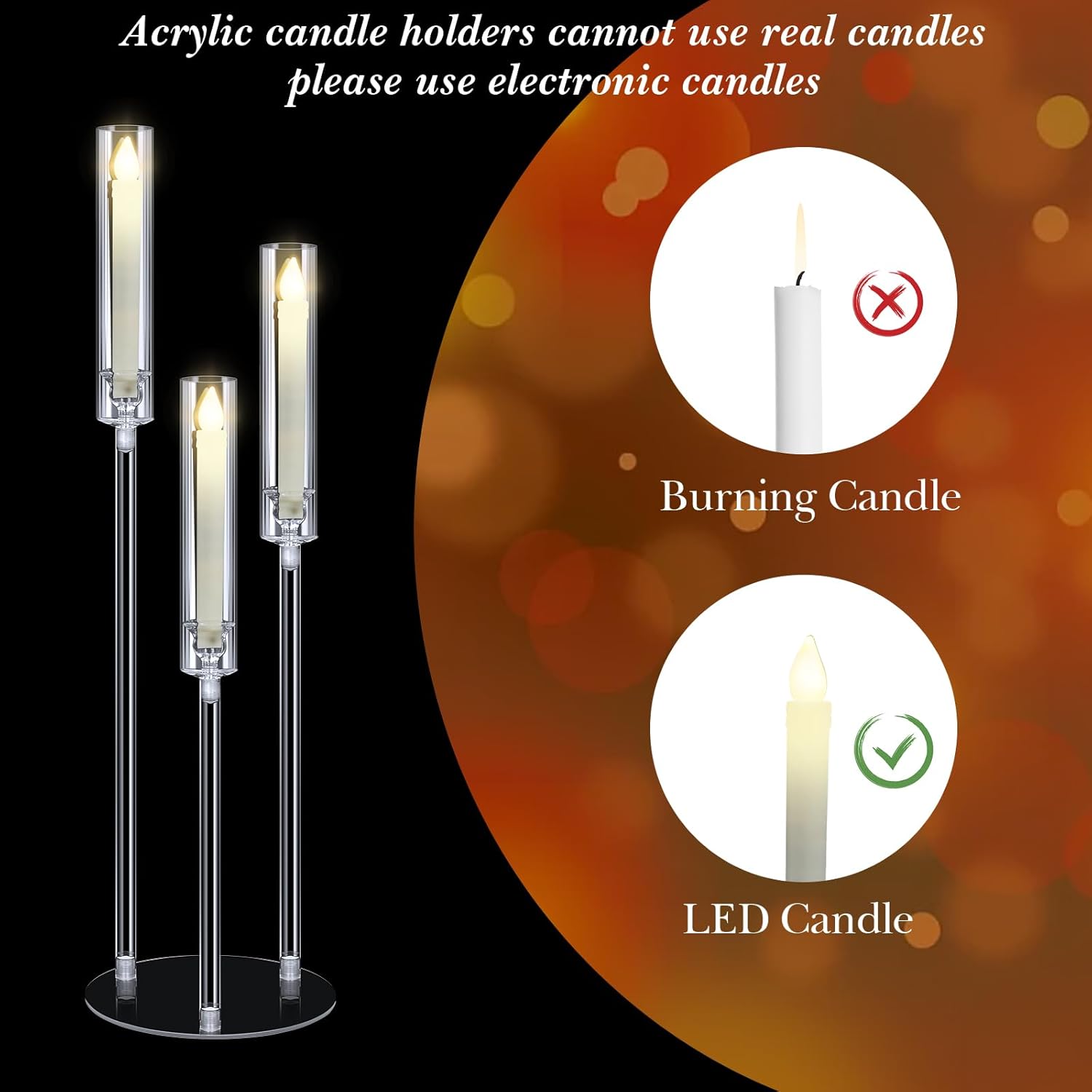 Layhit 6 Set Wedding 3 Arm Acrylic Candelabra Table Centerpiece 38.6" Clear Tall Floor Candle Holder with Shade Pillar Taper Stand for Dining Party Anniversary Birthday Easter Fit 0.87 LED Candle