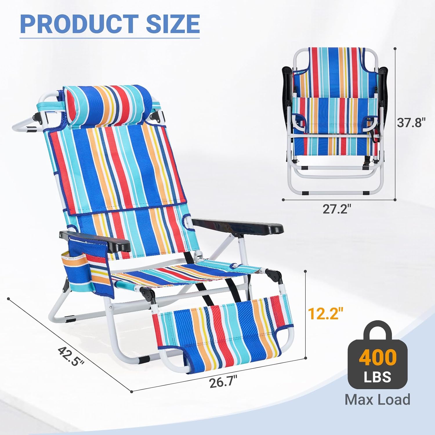 5 Position Folding Beach Chair with Face Hole, Portable Backpack Foldable Lounge Chair w/Headrest&Armrest,Heavy Duty Lay Flat Tanning Chair for Face Down Reading for Adult,440lb Capacity,Blue Stripes
