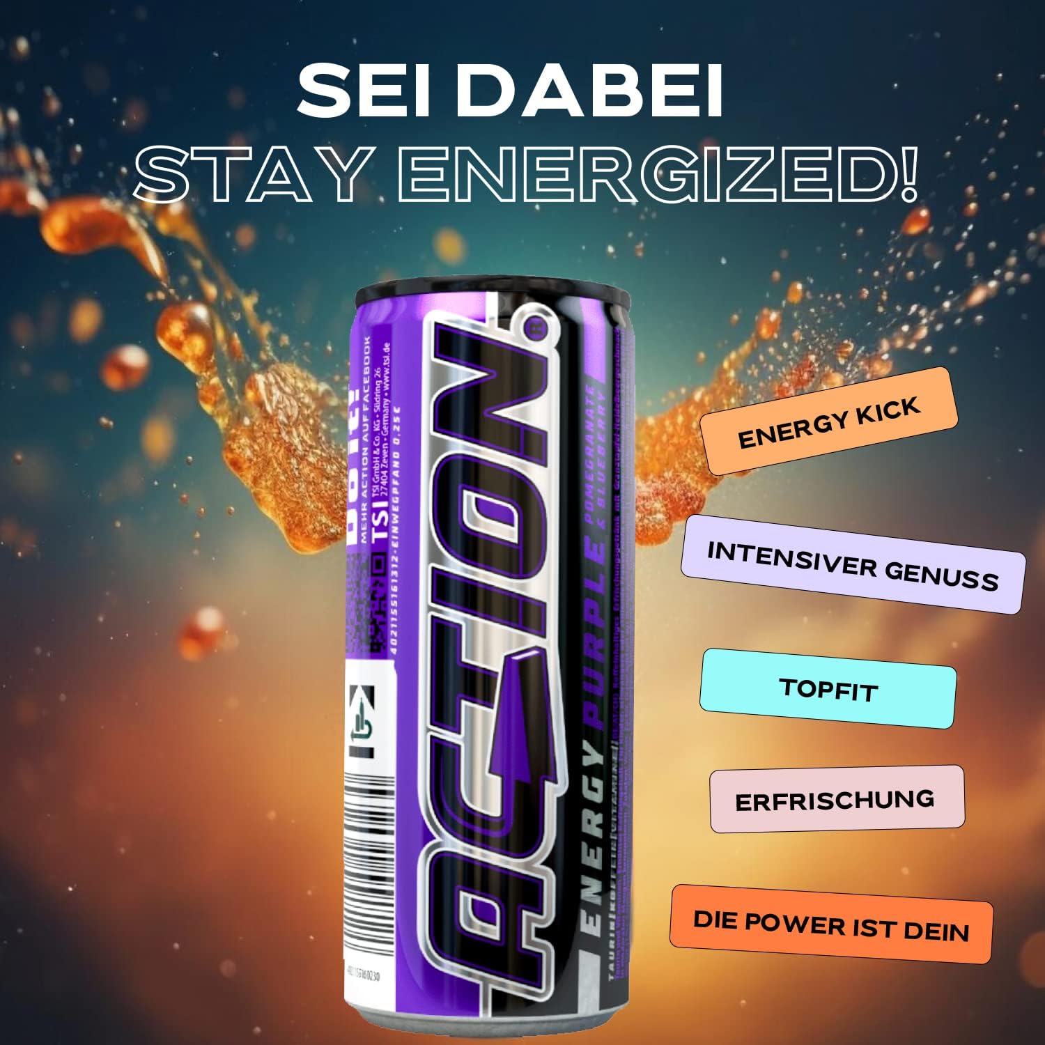 Action Energy Drink Purple (48 x 250 ml) incluye depósito – Refresco con sabor a granada y arándanos – patata energética con mayor contenido de cafeína 32 mg/100 ml cafeína rendimiento mejorado