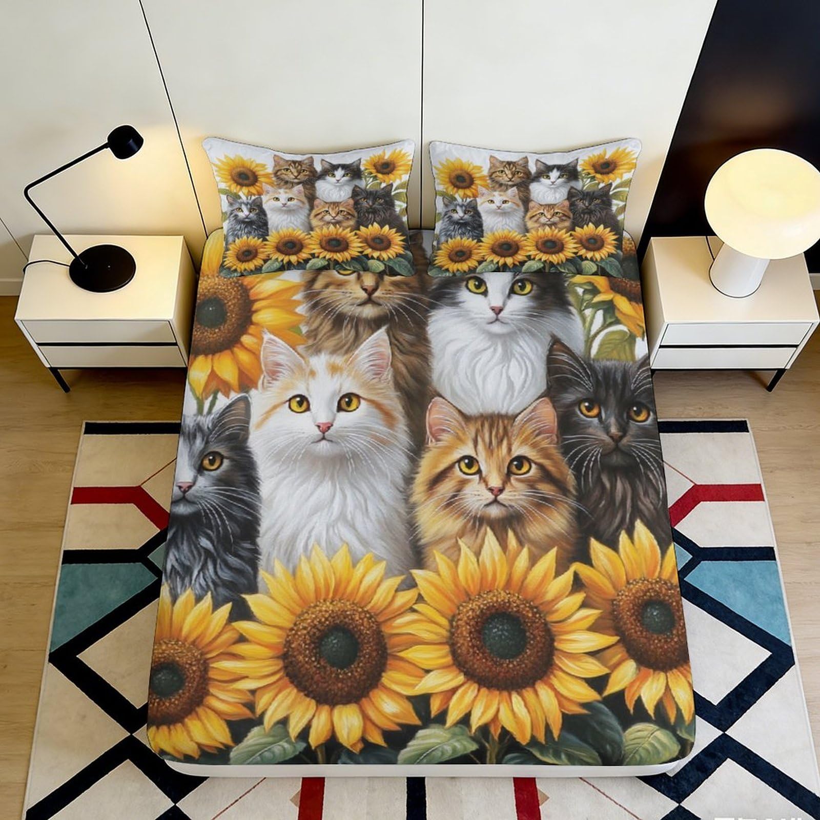 Uynsixtme Style-2 3D Printed Cats Sunflower Fitted Sheet Microfiber Deep Pocket Bedroom Bedding Cats Sunflower Mattress Fitted Cover Wrap Non-Slip Washable 140X200x25cm