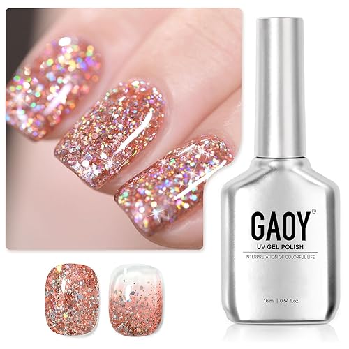 GAOY Esmalte de uñas en gel con purpurina, 0.6 onzas líquidas, esmalte de gel brillante de champán rosa, purpurina brillante con diamante que se