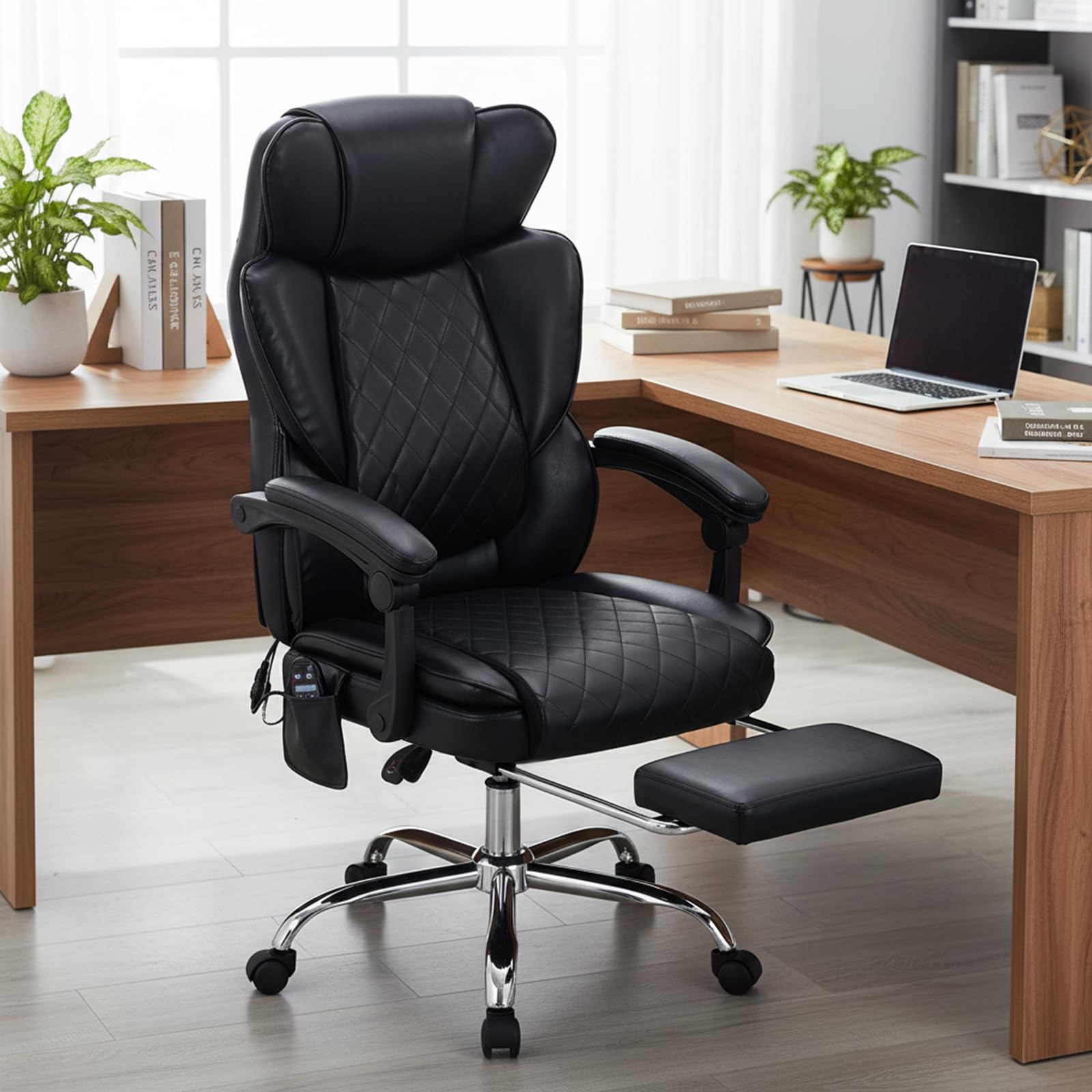COLAMY Bürostuhl Ergonomisch mit Massagefunktion, Ergonomischer Schreibtischstuhl mit Heizfunktion, Chefsessel mit Fußstütze, 360° Drehstuhl, 94-125° Verstellbarer Rückenlehne, für Office, Schwarz