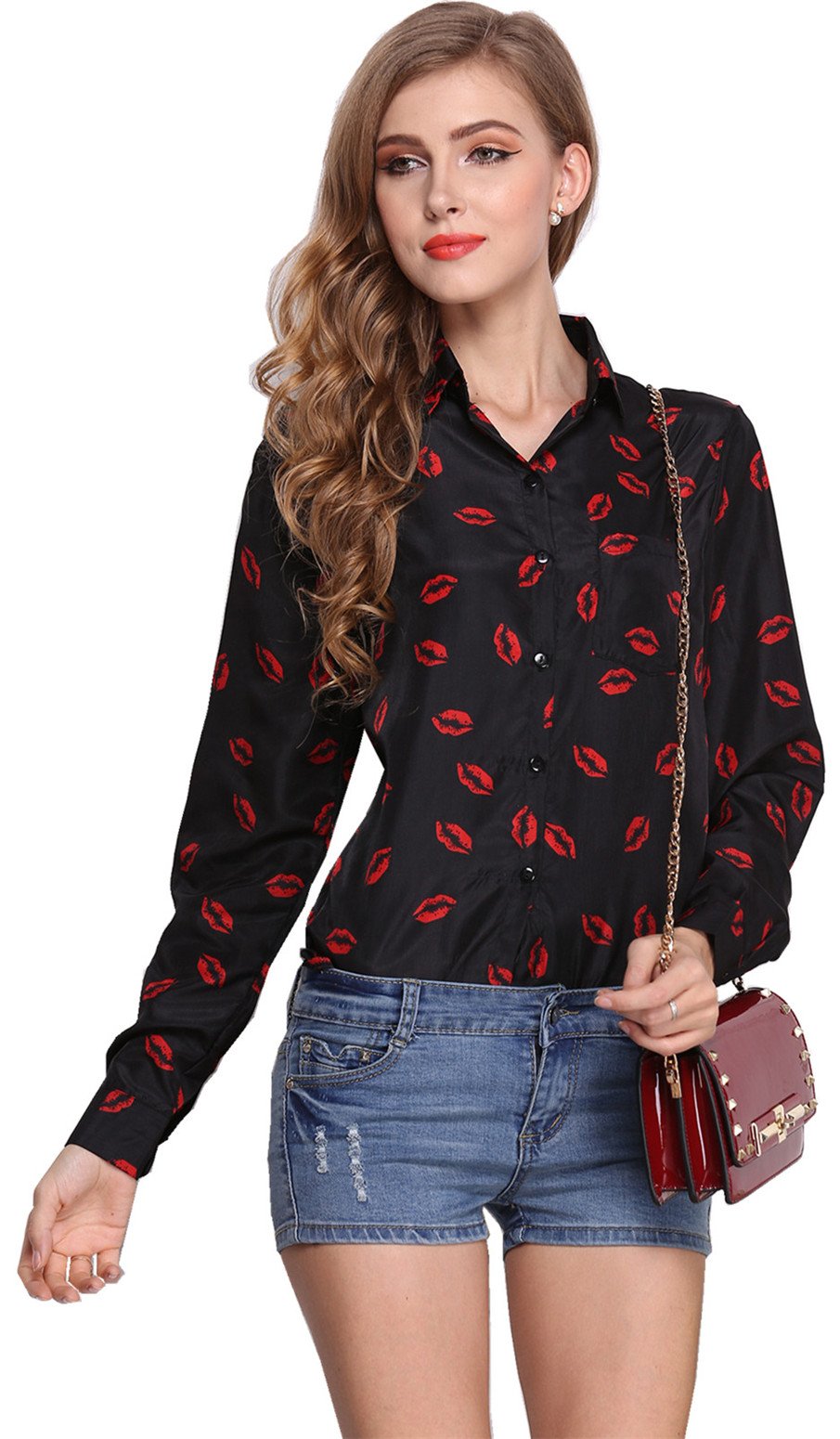 Arctic Cubic Fashion Long Sleeve Pocket Button Front Red Lip Kiss Printed Pattern Chiffon Blouse Shirt Top