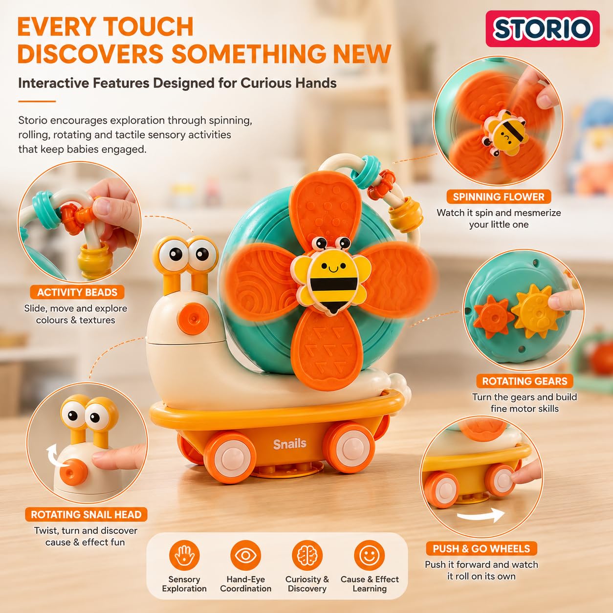 Storio 5-in-1 Baby Suction Spinner Toy, Interactive Learning Set with Rattle and Sensory Play, for 6+ Months Kids - Orange & Cream — Amazon image 4