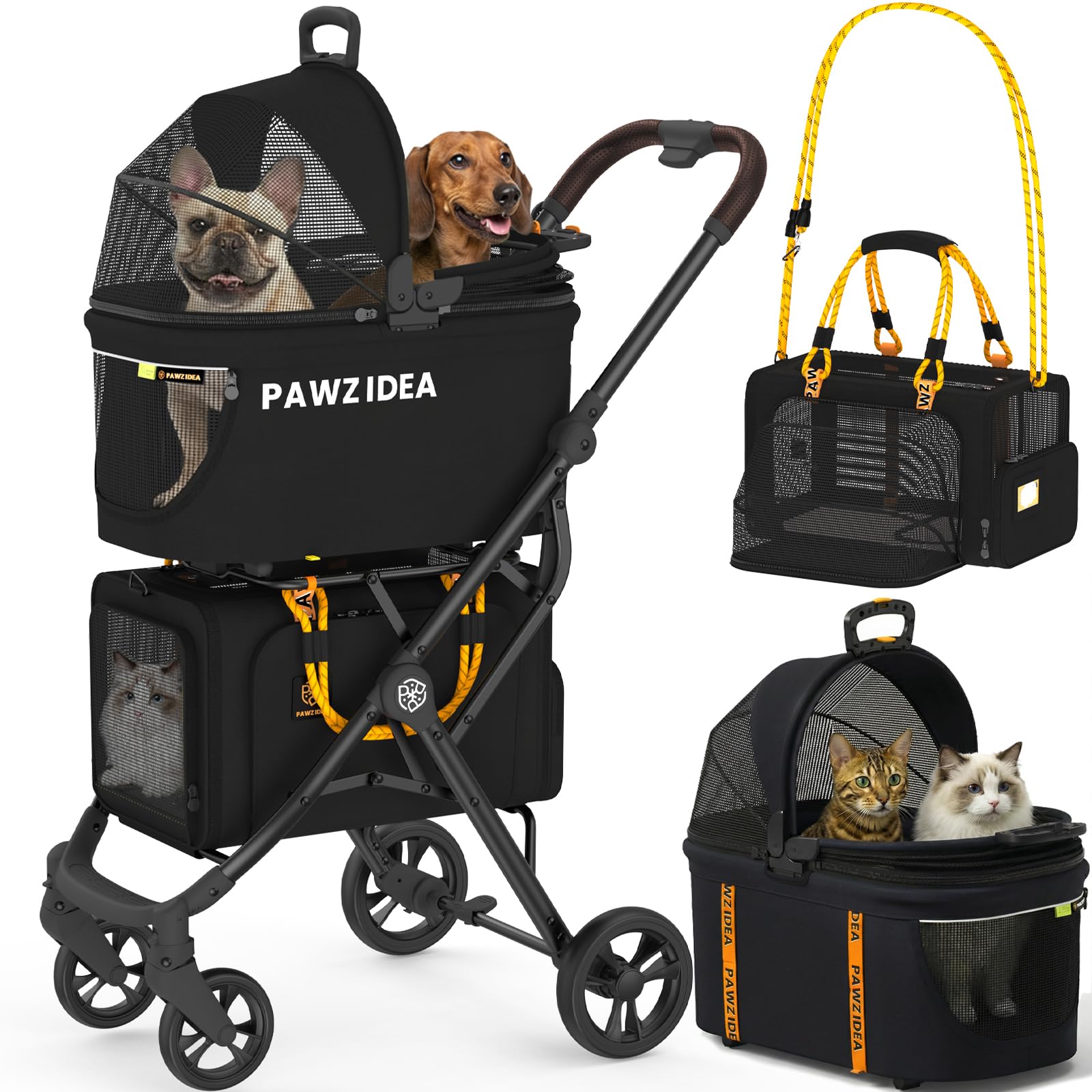 PAWZIDEA Double Pet Stroller with 2 Detachable Carriers, Portable Dog Crate for Car Travel & TSA-Approved Expandable Cat Carrier, Foldable Lightweight Jogger Stroller for 2–4 Cats or Small/Medium Dogs