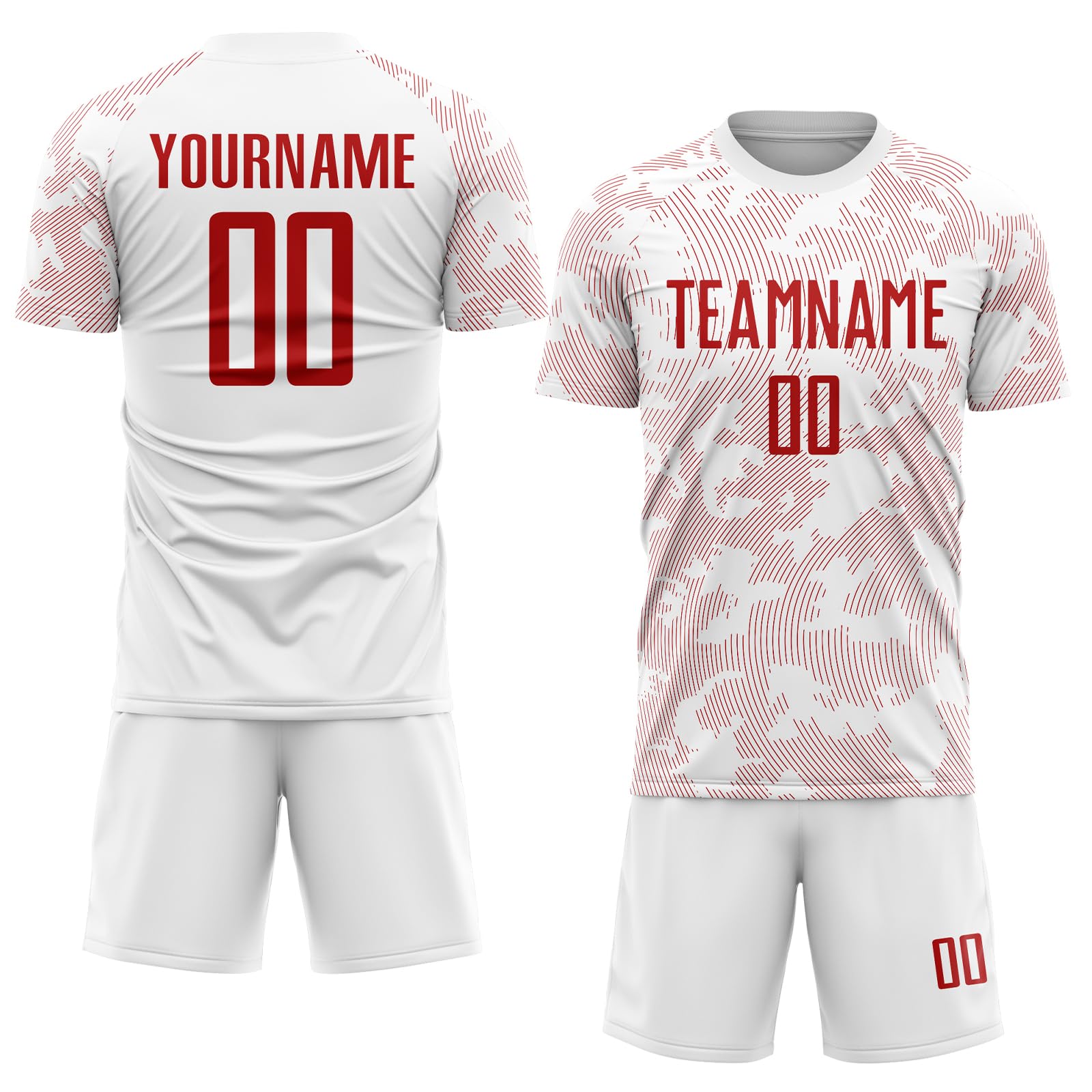 Personalized Novelty Red Lines Soccer Jerseys Custom Outline Football T Shirts and Shorts Set Printed Team Name Number Logo, Create Short Sleeve Rugby Sports Uniforms for Men Women Teens Boys Girls