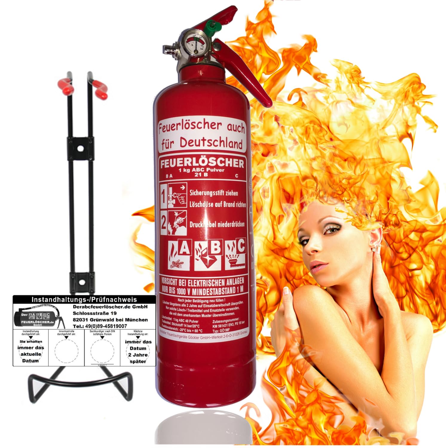 Brandengel Premium Autofeuerlöscher 1kg Pulverlöscher Feuerlöscher, LKW PKW Motorrad KFZ EN 3 Messingarmatur Manometer Halterung ABC 2LE (Mit Prüfnachweis u. Jahresmarke)
