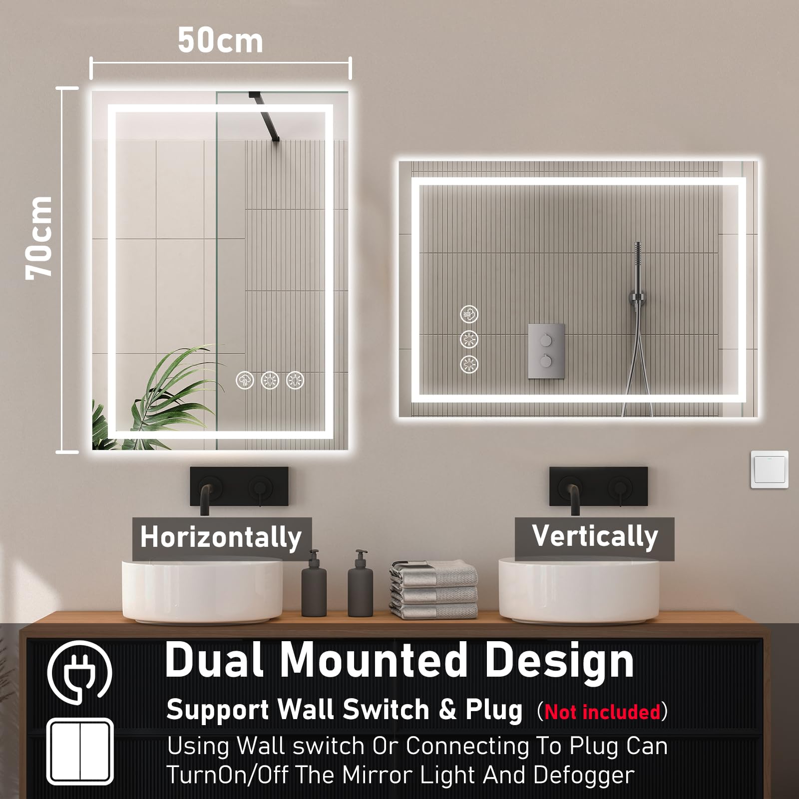 Ratsamee Badspiegel mit Beleuchtung LED, 50x70cm Spiegel mit Light, Wandspiegel mit Frontbeleuchtung, Antibeschlagfunktion, Dimmbar, mit 3 Einstellbaren Lichtfarben