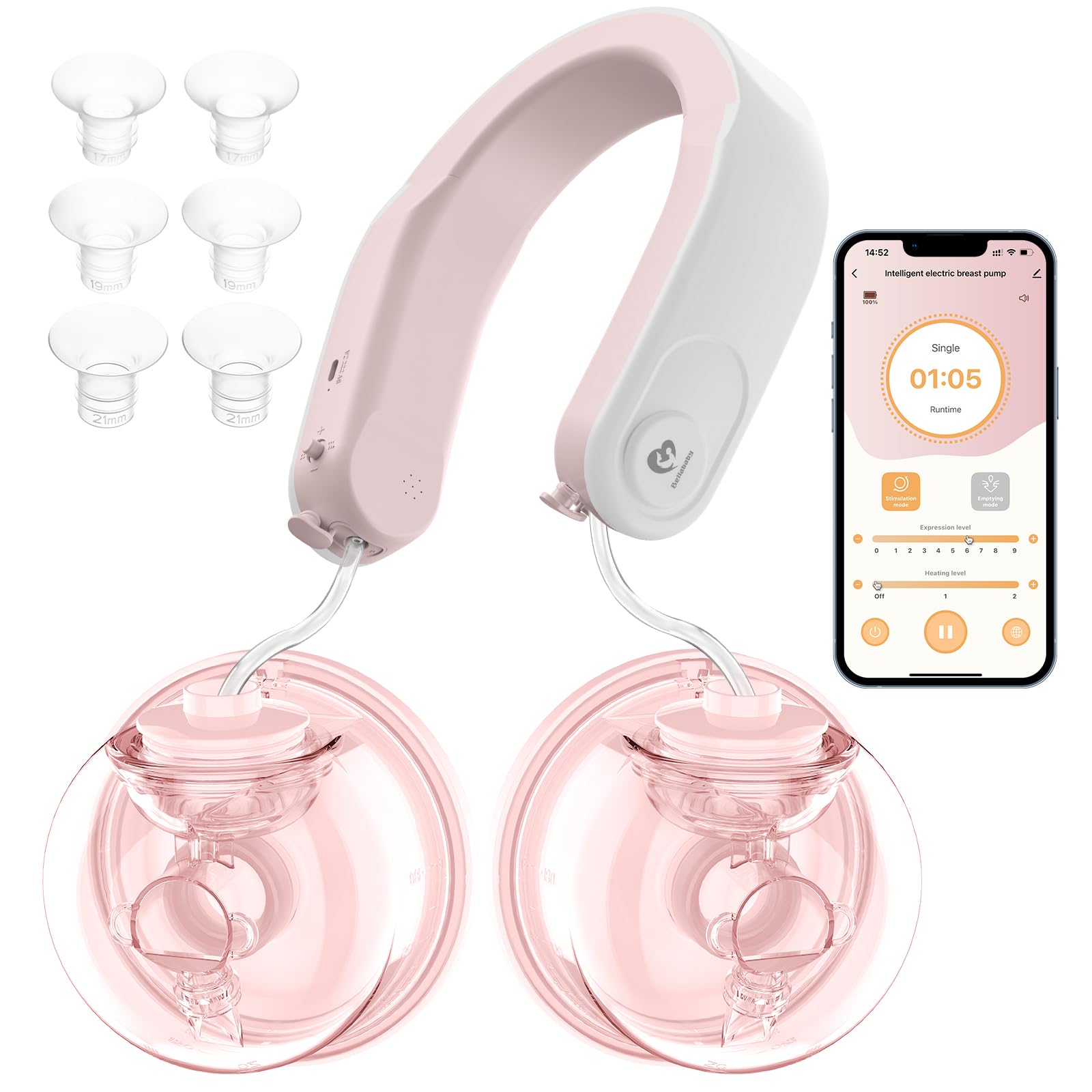Tiralatte Elettrico Indossabile, Controllato Tramite APP, 2 Modalità e 9 Livelli, Comando Vocale, Impacco Caldo, Tiralatte Portatile con Flange da 24mm, Inserti Flangia da 17/19/21mm
