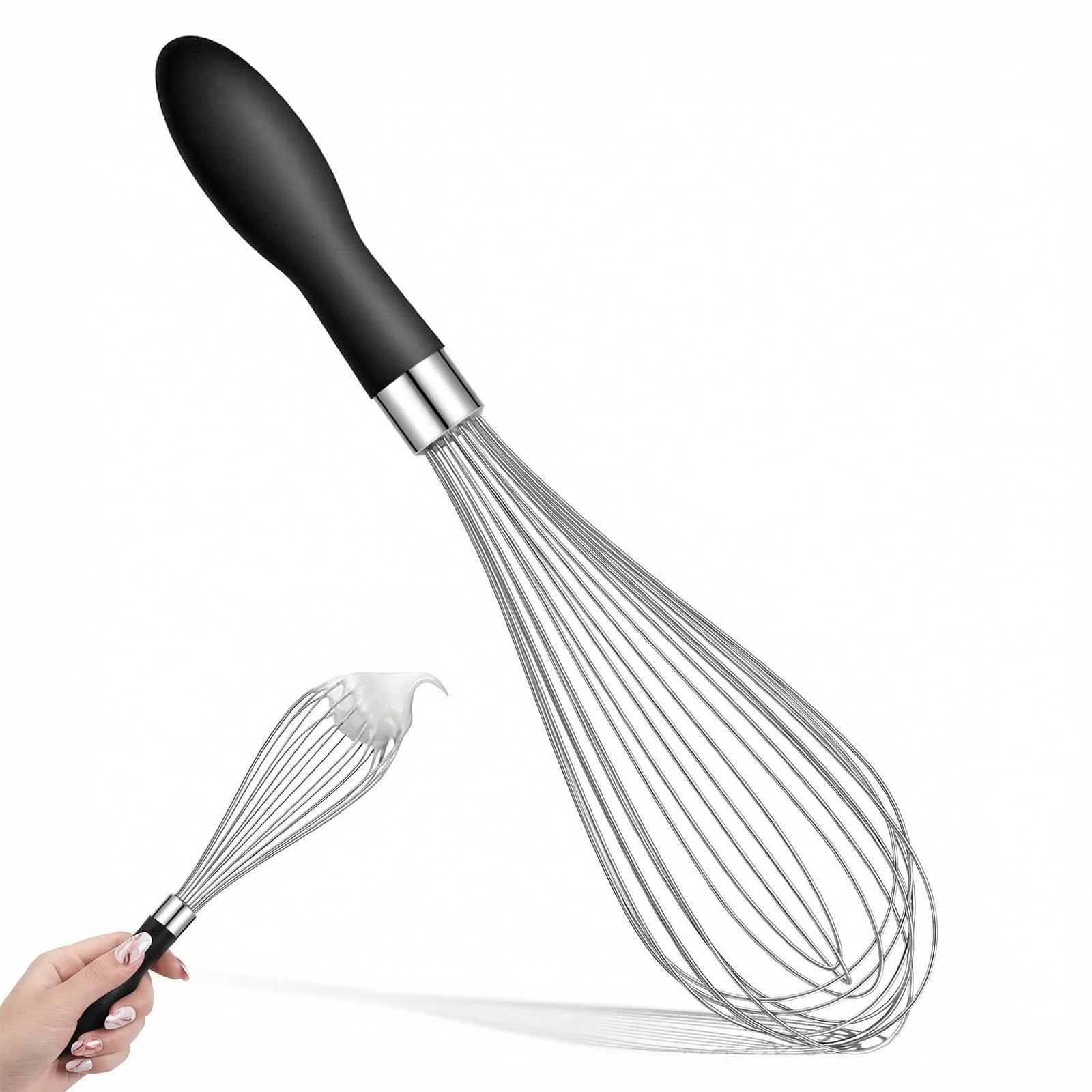 30.5cmBlack Stainless Steel Balloon Whisk with Silicone Handle, Kitchen Egg Whisk for Baking, Mixing, Cooking, Durable Hand Whisk
