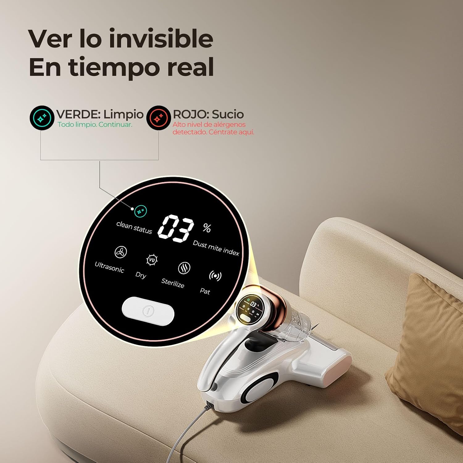 JIGOO J300 Aspirador de Ácaros con Sensor y Pantalla Digital, 500W, Doble Taza, Luz UV, para Alergias, Elimina 99.9% de Alérgenos en Colchones, Camas y Sofás 5