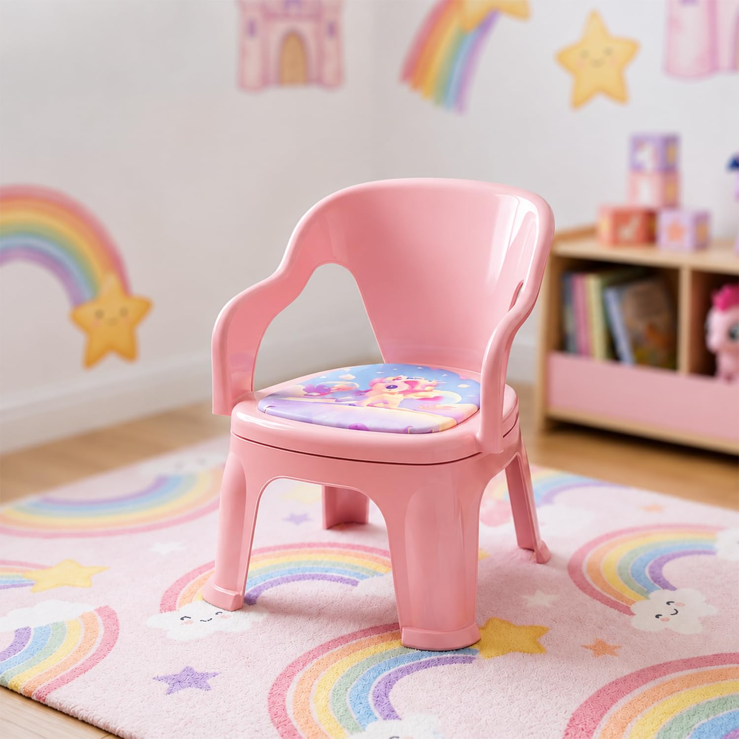 HAPPY BEAR Kids Study Chair with Backrest & Soft Printed Cushion | Comfortable, Lightweight & Durable Plastic Chair for Children | Ideal for Study, Dining, Play & Fun | Ages 2–6 Years (Pink)-image-32