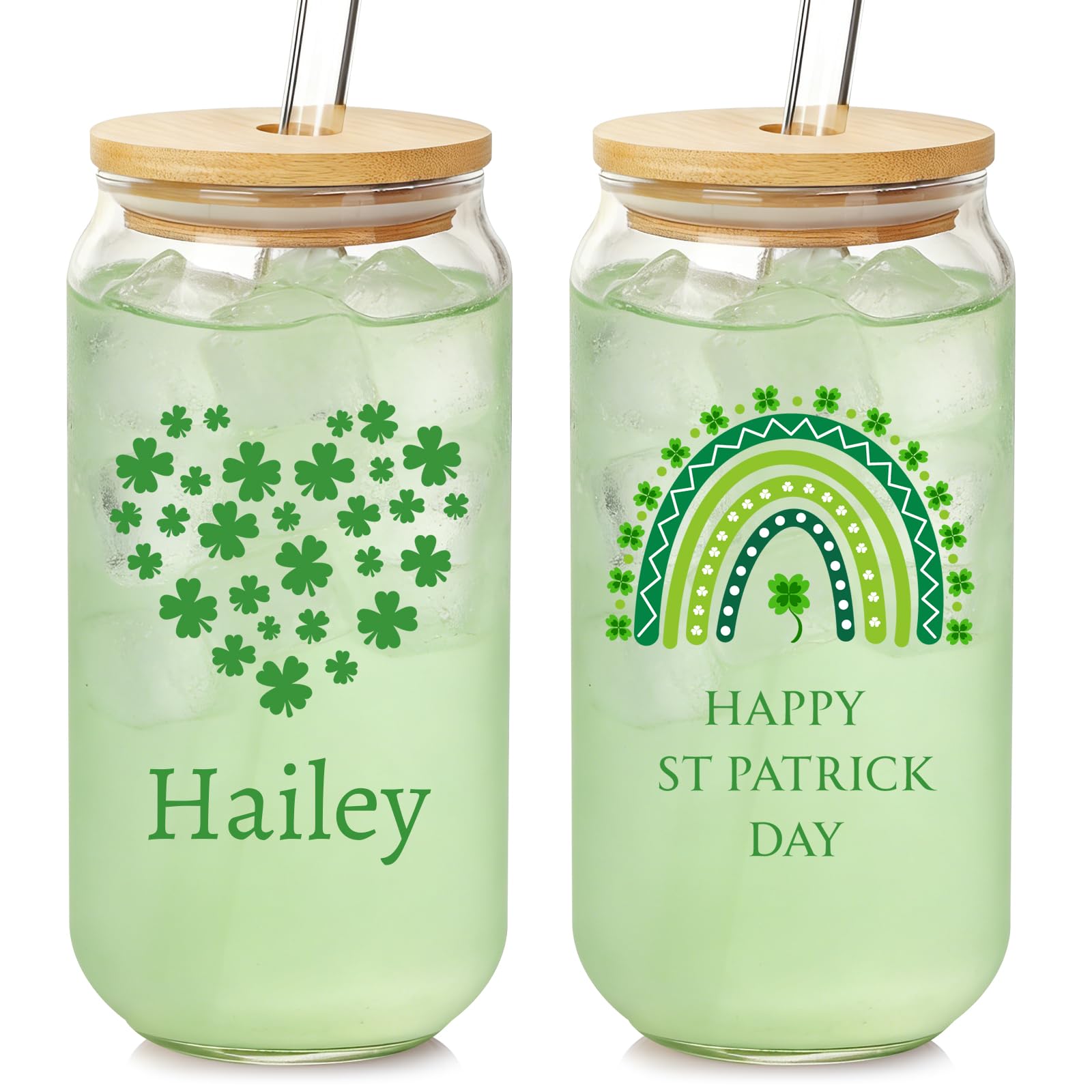 Mason Life St Patrick's Day Personalized Glass Tumbler, Print 2 Sides 18 OZ Cute Glass Cup with Lid and Straw, Lucky Clover Beer Can Glass, Personalized St.Patrick's Day Gift