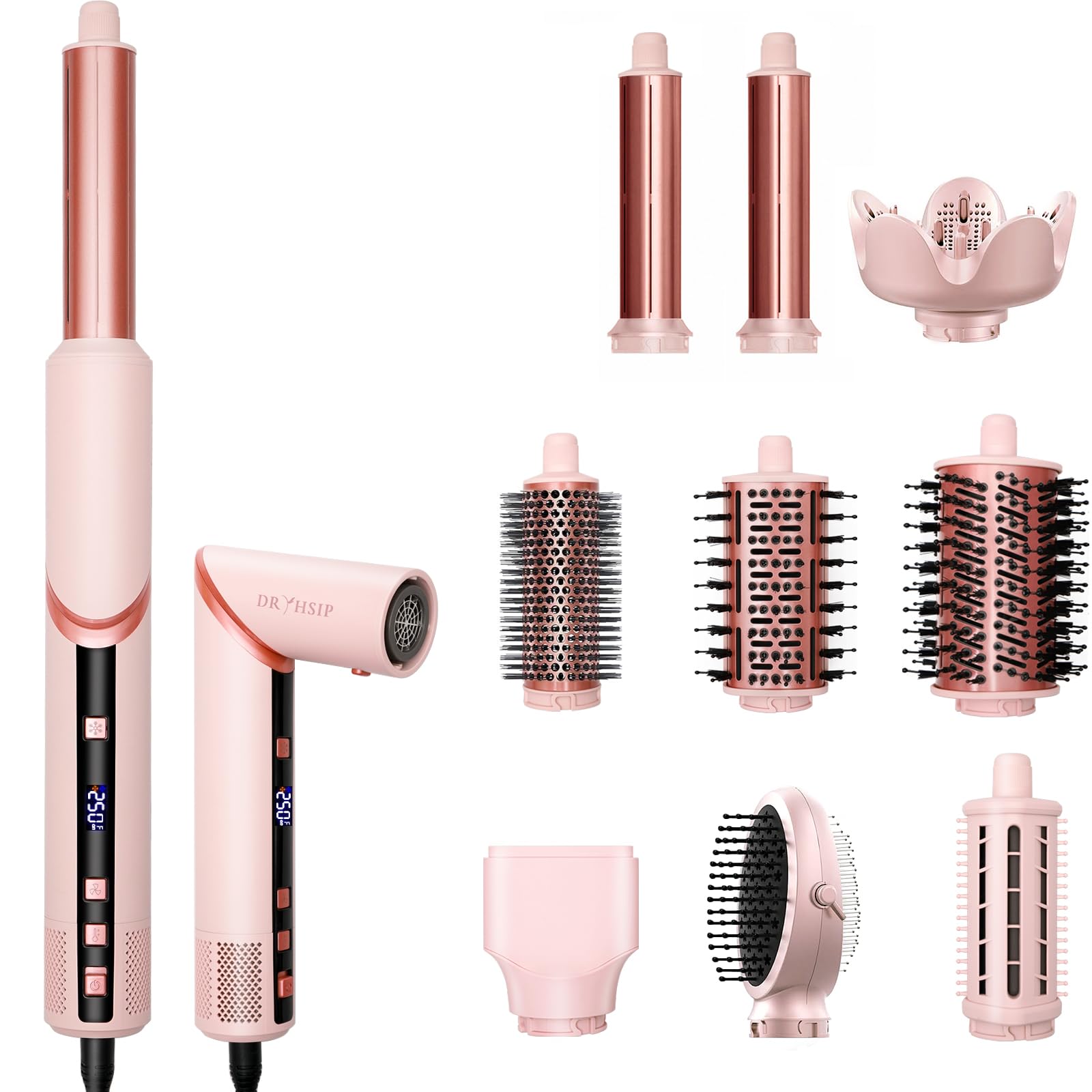 Dryhsip Warmluftbürste, 9 in 1 Hairstyler, Föhnbürste mit Ionen-Technologie, Airstyler mit Diffuser Haare Föhn Glätten,Lockenstab Automatisch, Haarglätter，Flex Temperaturen，Eurostecker