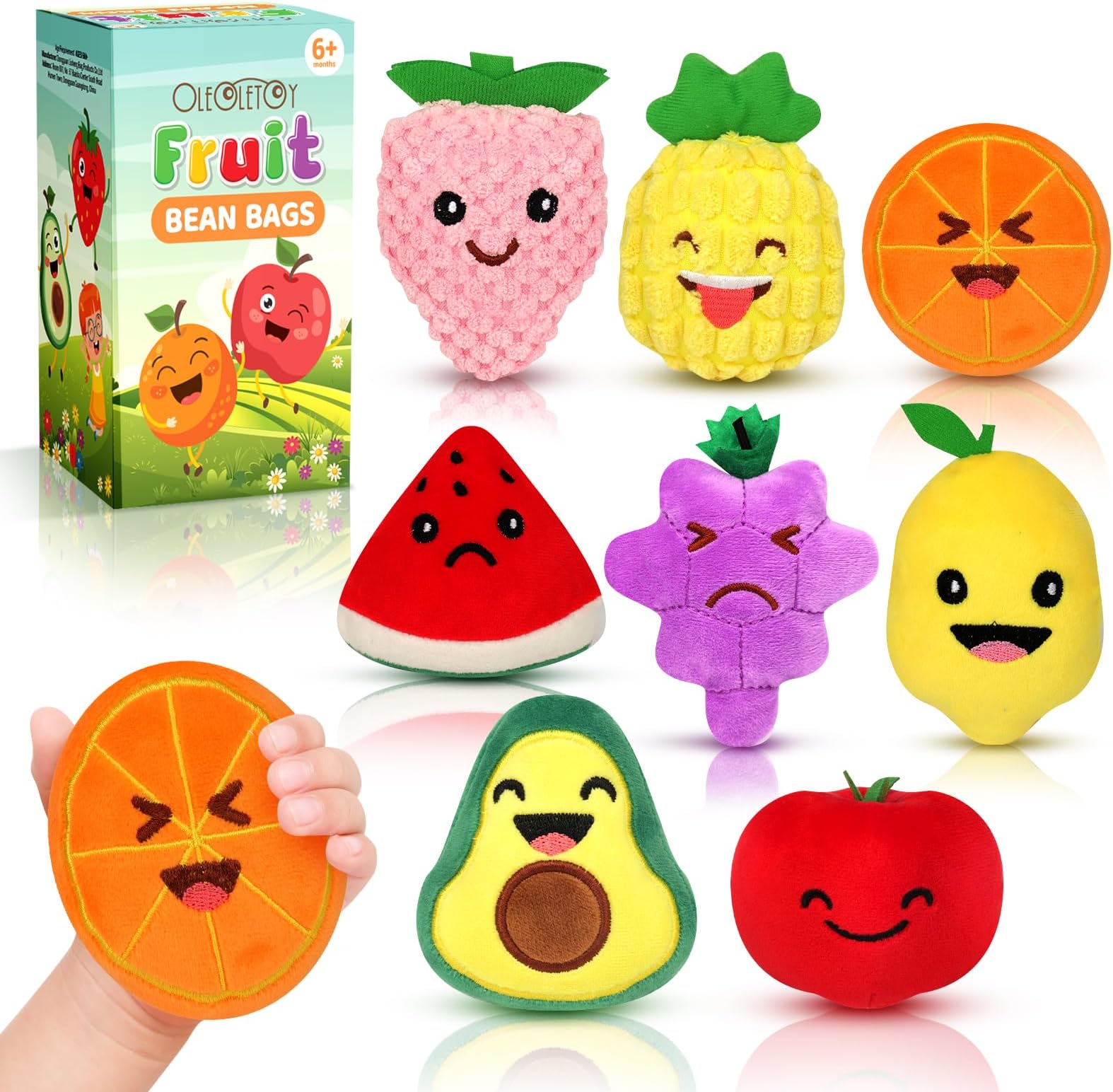 Sensory Toys for Kids, 8 Pack Mini Fruit Soft Stuffed Plush Toy for Girls or Boys as Party Decorations, Toddler Pretend Play Kitchen Food, Strawberry, Avocado, Pineapple and Orange