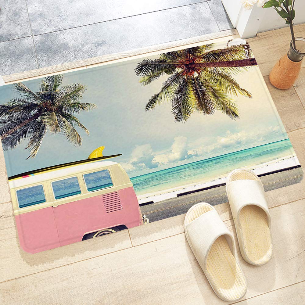 Bath Mat 60x100 cm,Inspirational Beach Surf,Minivan Retro Vacation Theme Clouds in Summer Sky Honeymoon Desti,Rug with Non Slip Adhesive Bottom, Bath Rug for Floor Tub Shower Bedroom, Machine Washable