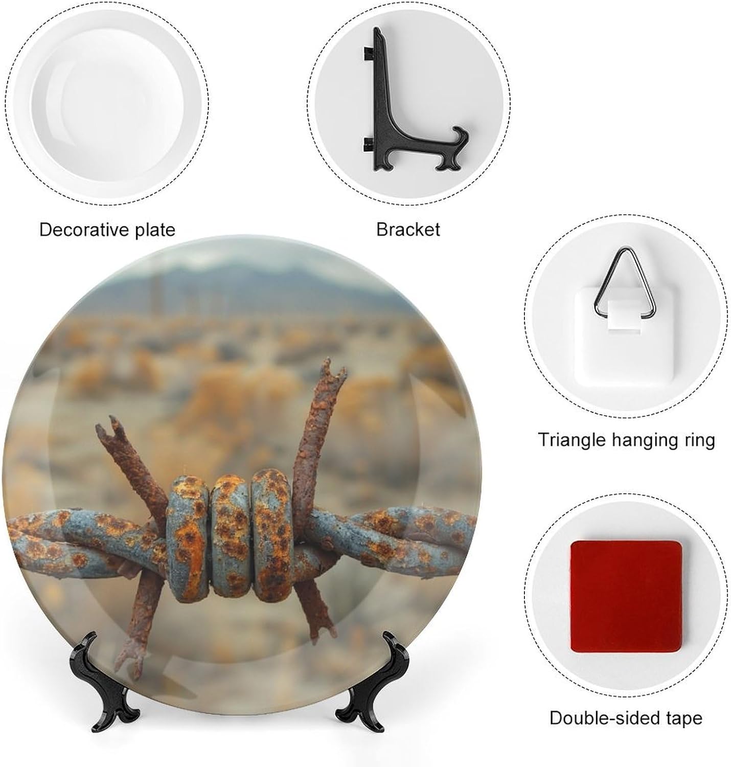Bone China Decorative Plate 10inch Ceramic Dinner Plates Rusty Barbed Wire Decorative Plates with Display Stand Hanging Porcelain Plate Art Crafts Ceramic Ornaments for Home Office Wall Decor image 3