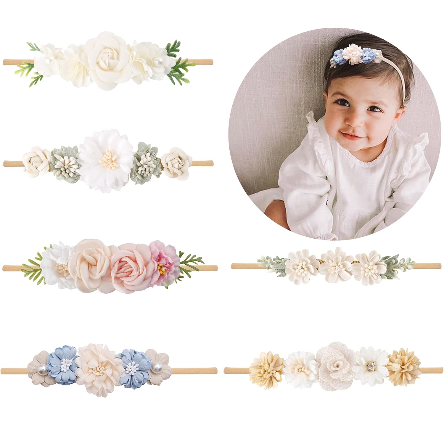 6PCS Baby Girls Headbands Flower Hairbands Nylon Elastic Head bands Newborn Hair Bows Hair Accessories Gifts for Infant Toddlers
