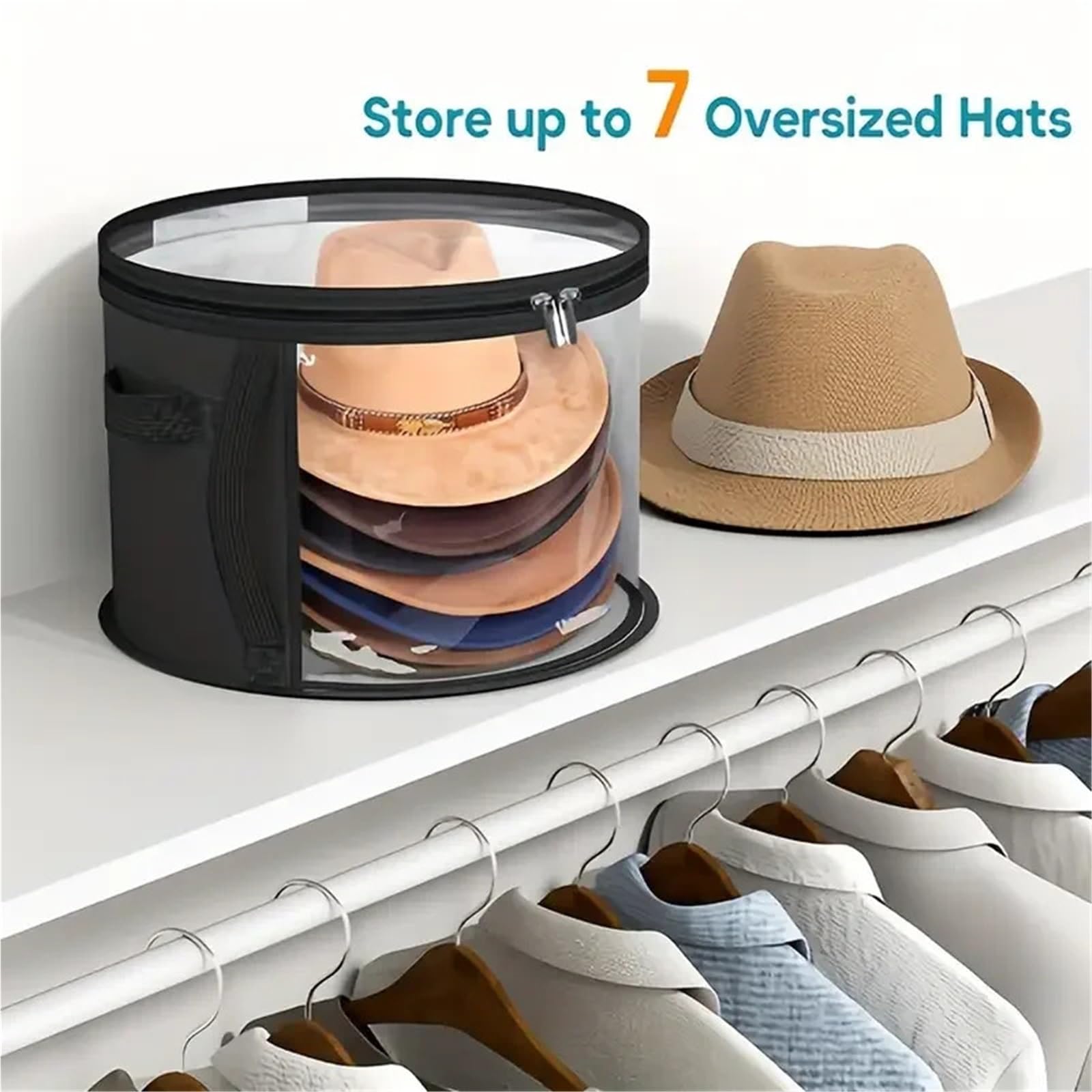 Cubo de almacenamiento no tejido, caja viaje con asa y cremallera portátil, bolsa for sombreros ropa Para Sombrero(Black)
