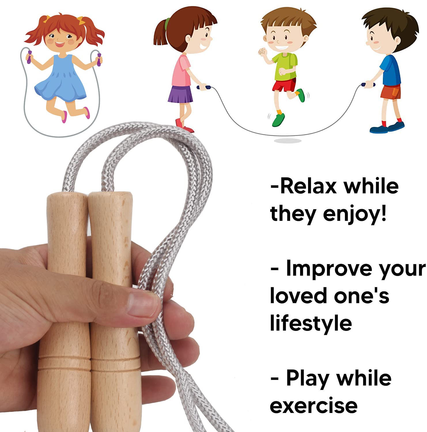 Springseil für Kinder, 2,1 m, verstellbares Baumwoll-Springseil mit Holzgriff, für Jungen und Mädchen, Fitness, Outdoor-Übung