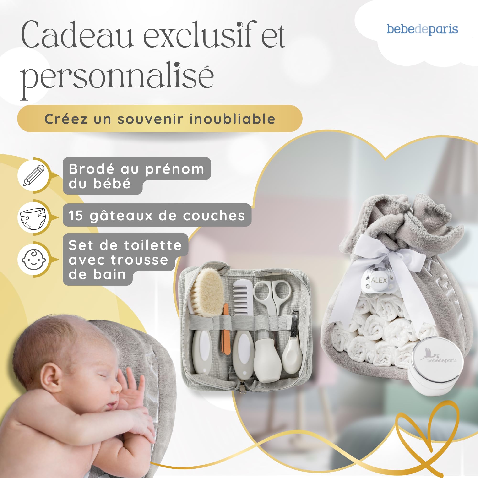 BebeDeParis Gâteau de Couches avec Kit de Toilette Bébé - Couverture Polaire Personnalisée + Tétine Personnalisée + 15 Couches Moltex - Cadeau de Naissance Neutre