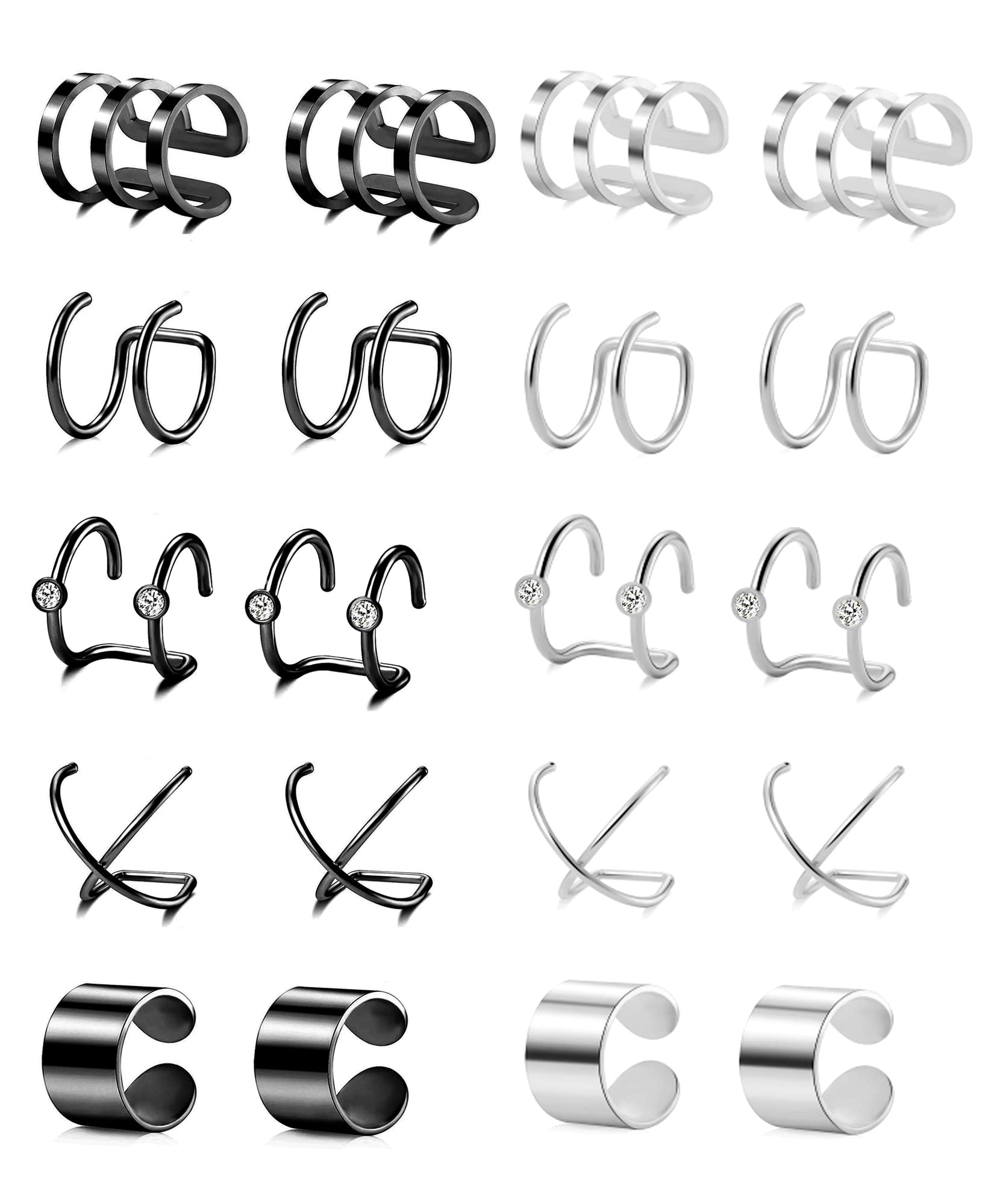 Tornito 4-10 Pairs Stainless Steel Ear Cuff Helix Cartilage Clip On Wrap Earrings Fake Nose Ring Non-Piercing Adjustable