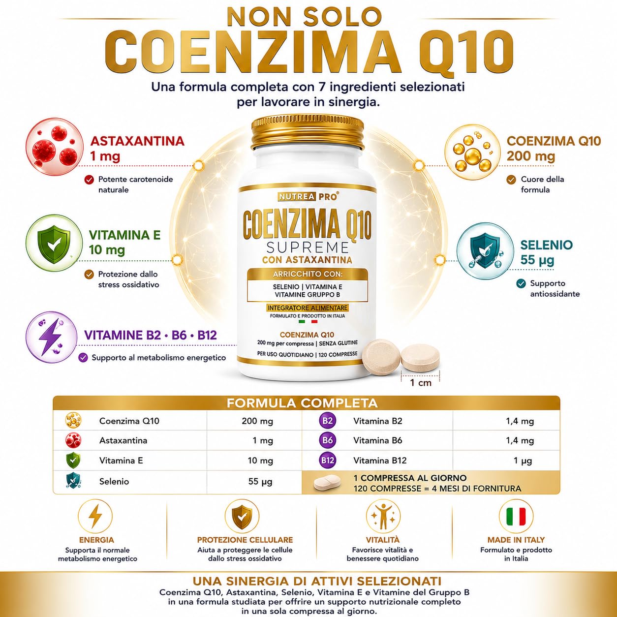 Coenzima Q10 200mg con Astaxantina 1mg |Coenzima Q10 migliore stabilità del normale q10 ubichinolo| Q10 Coenzima complex formulata con coq10 Astaxantina Vitamina E B12 B6 B2| NUTREAPRO®