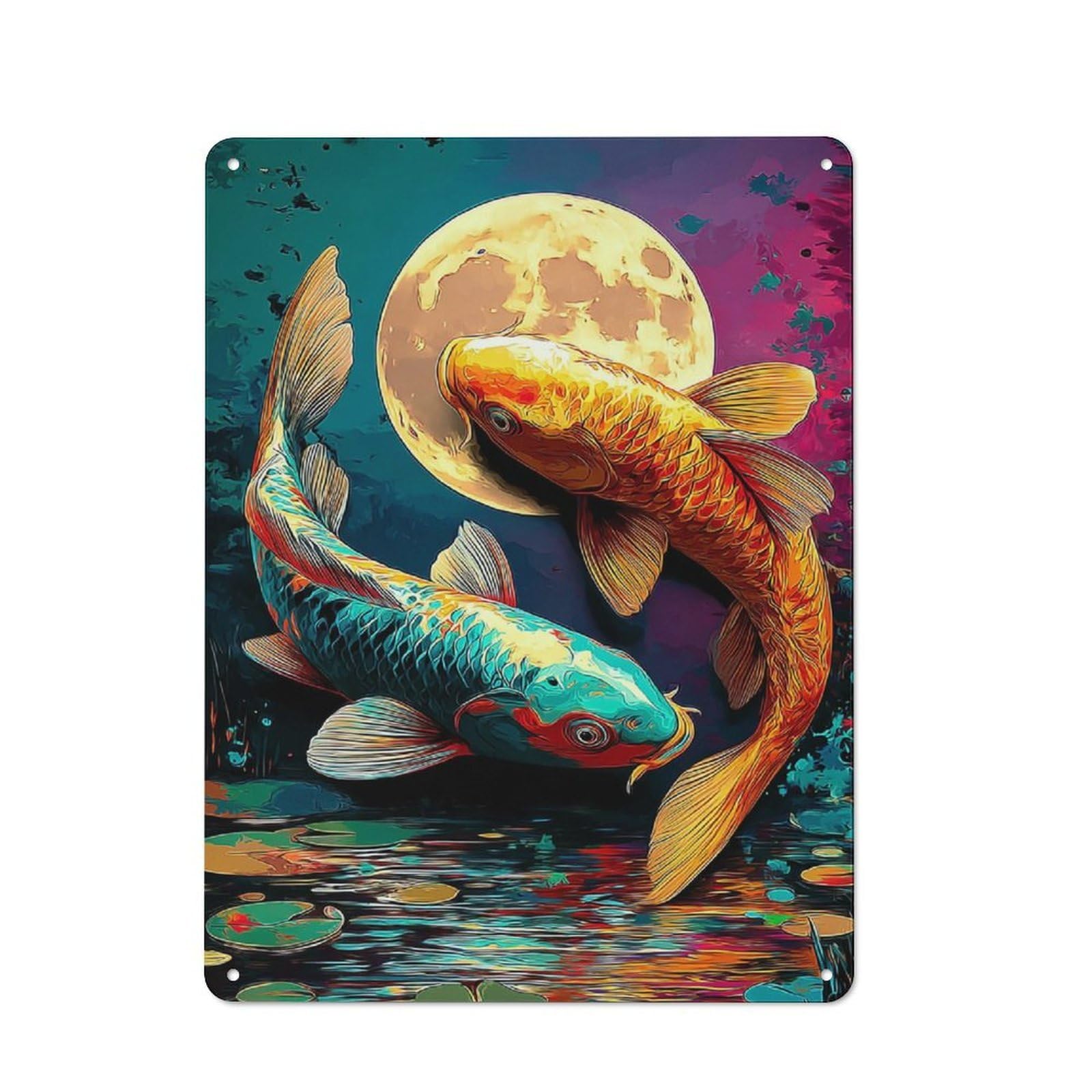 Junmoney Koi Fish Under The Moonlit Sky -1 Tin Wall Plaque 40X30cm With For Garage Wall, For Collectors Of Retro Metal Wall Decor