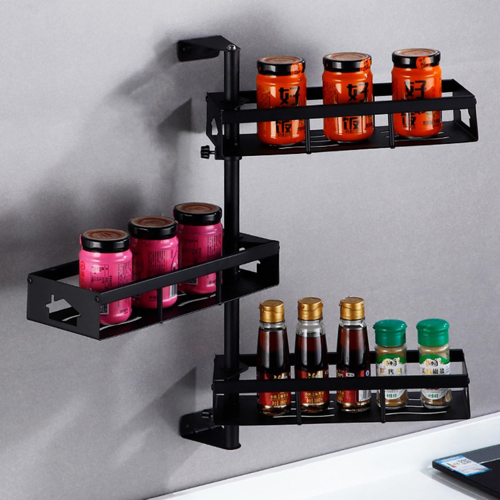 MYUYEE 180 Degree Rotating Spice Shelf Wall Mounted Stainless Steel Seasoning Holder Rack Height-Adjustable Turntable Storage Organizer For Kitchen Bathroom(3-Layer)