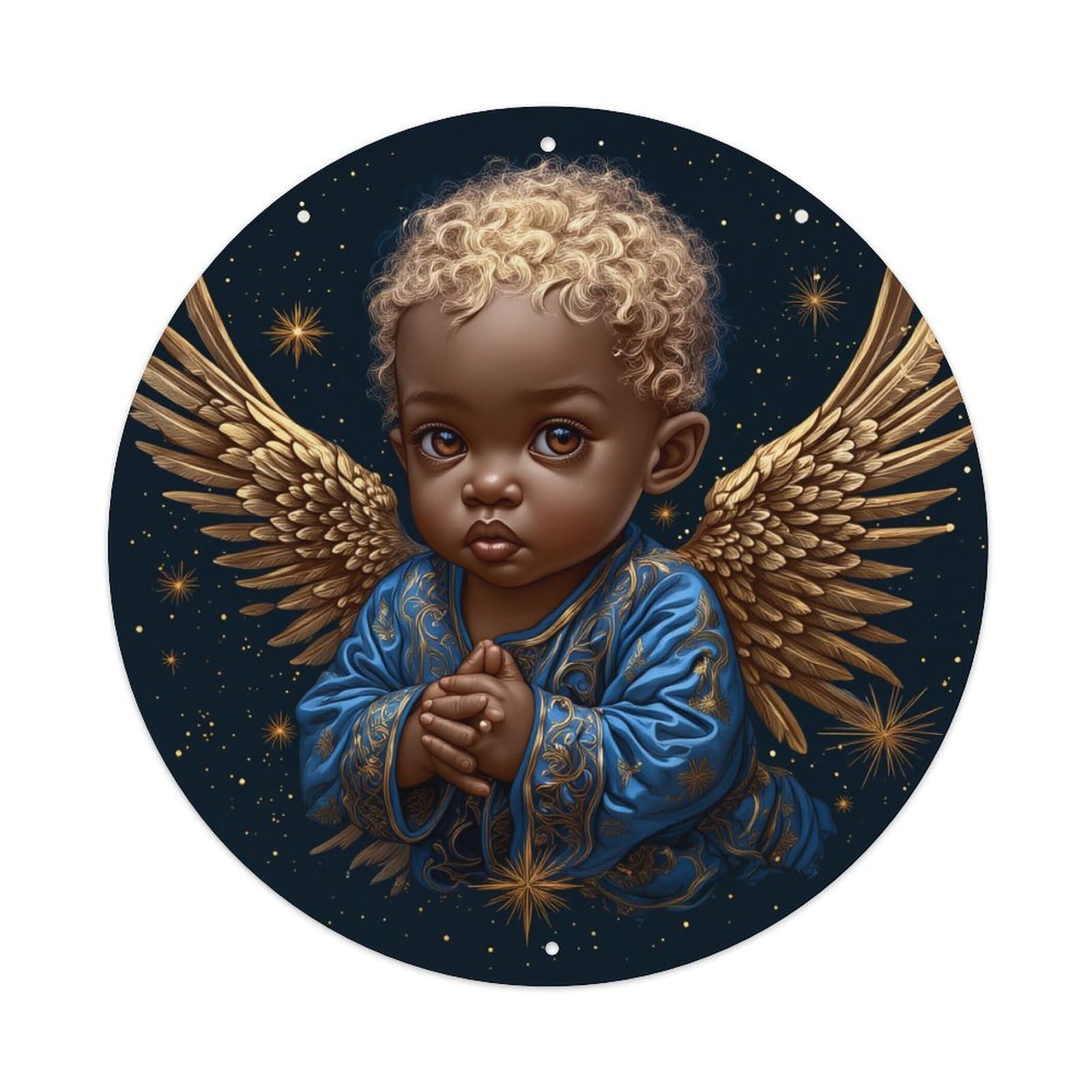 Angel Child With Golden Wings Round Tin Sign Vintage Metal Poster, Home Bar Garage Man Cave Cafe Indoor & Outdoor Wall Decoration 8x8Inches