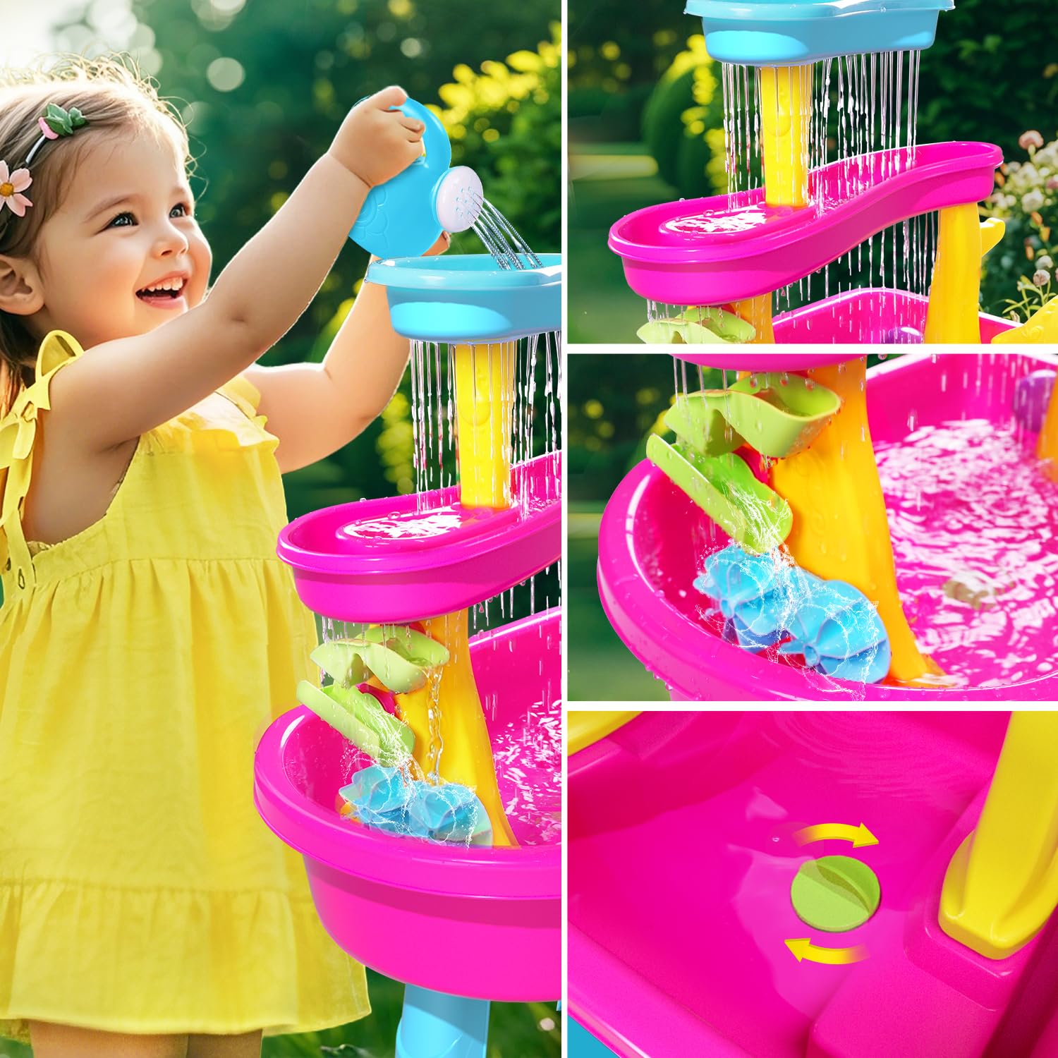 VATOS Mesa de agua de 3 niveles para niños 1-3, 37 piezas mesa de agua para niños lluvia ducha Splash Pond Set para patio trasero al aire libre, actividad sensorial mesa de agua arena mesa de verano
