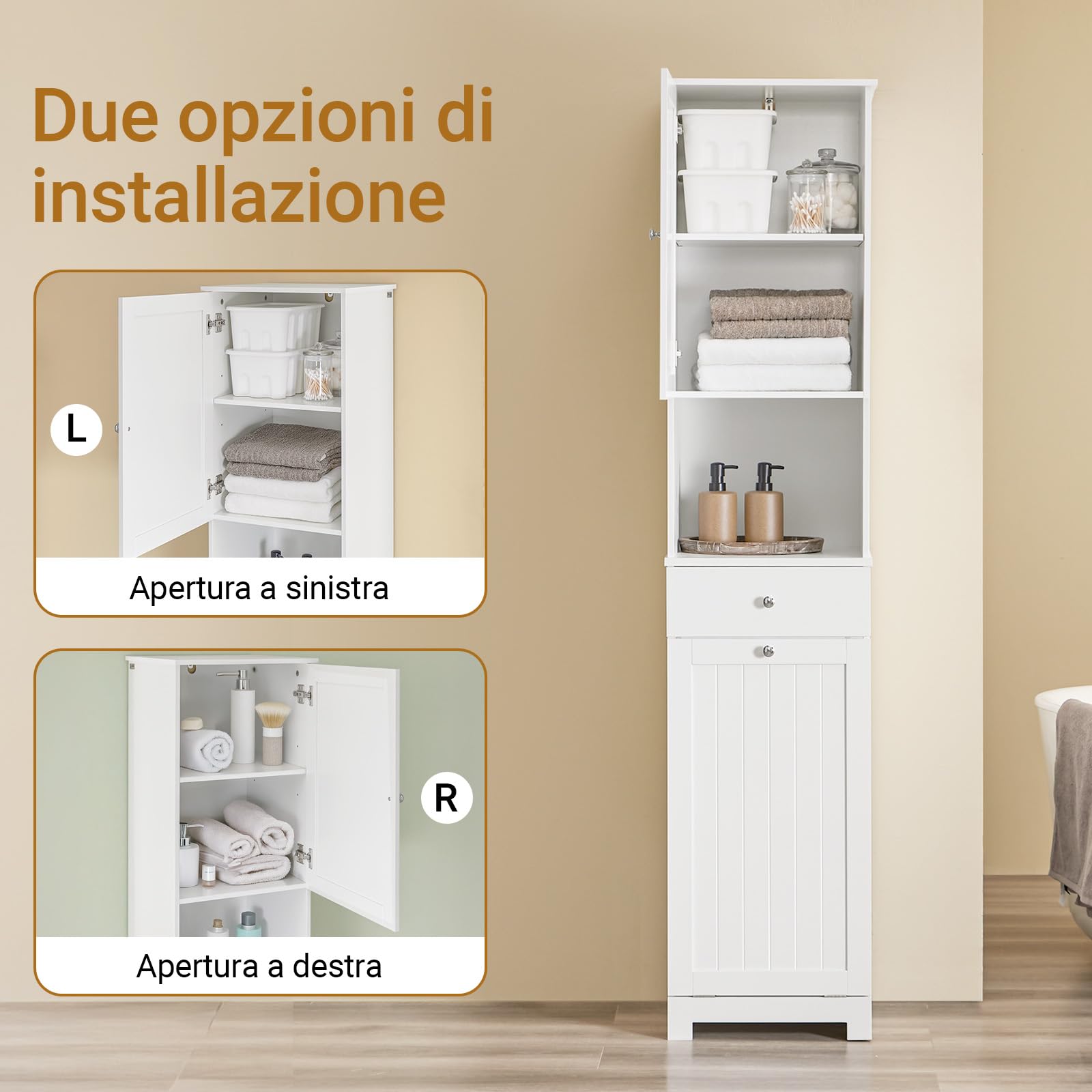 SoBuy Mobile Bagno Salvaspazio con Cesto Portabiancheria 45L 40x38x180cm | Colonna Bagno Stretta con Cassetto Ripiano Aperto e Anta Mobiletto per Lavanderia o WC BZR216-W