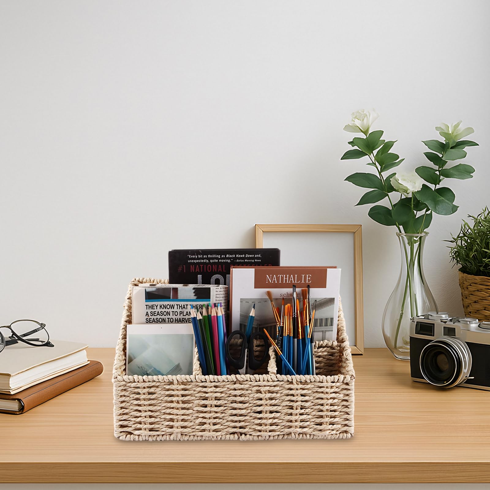DAJAVE Lot de 2 organisateurs de bureau tissés naturels pour stylos et notes, 31,5 x 15,5 x 20 cm, organisateurs de bureau