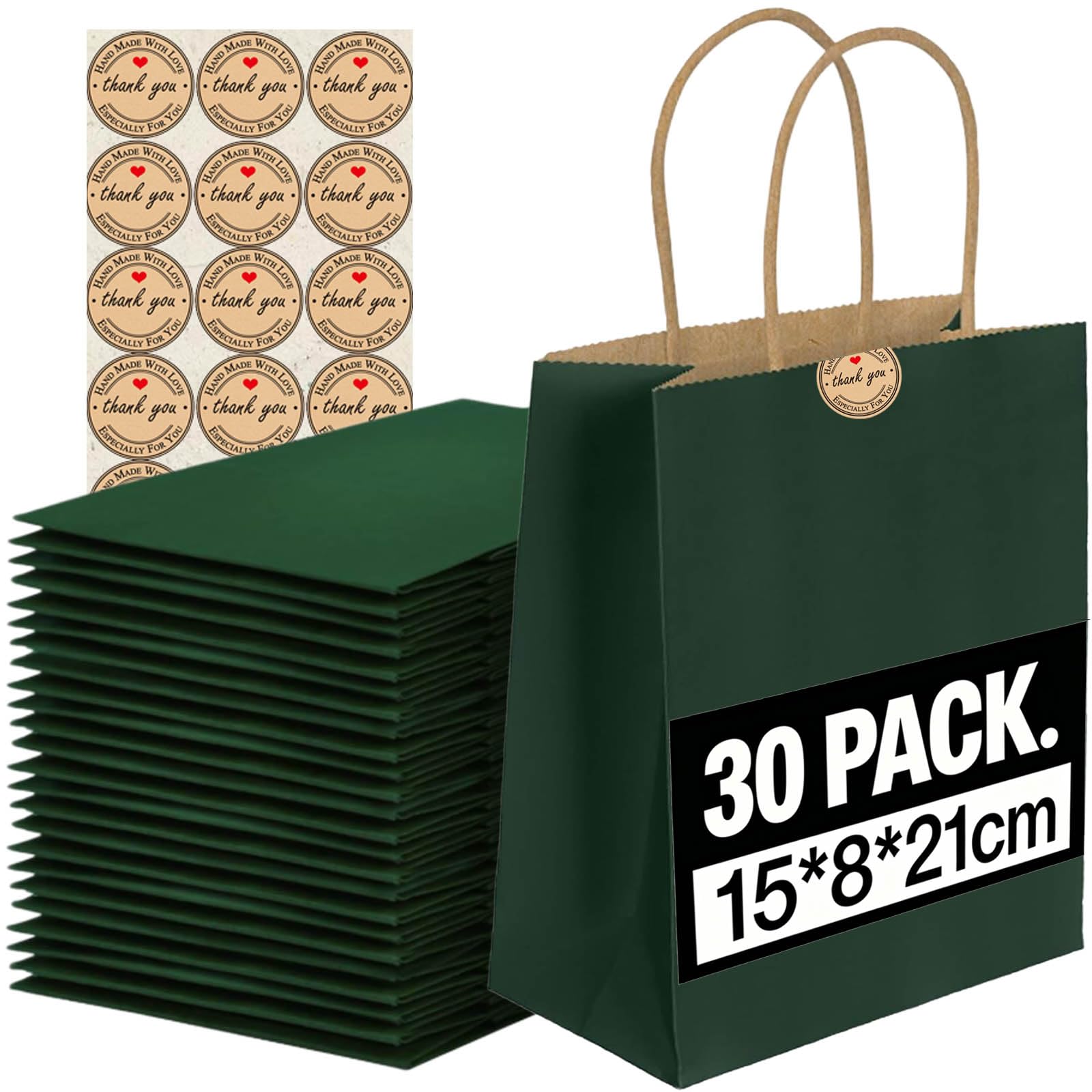 30Pcs Small Paper Bags With Handles, Paper Gift Bags (21x15x8cm), 130GMS Thicken Kraft bags Party Favor Shopping includes lables for Favor Birthday Party Wedding Shopping Retail (Dark Green)