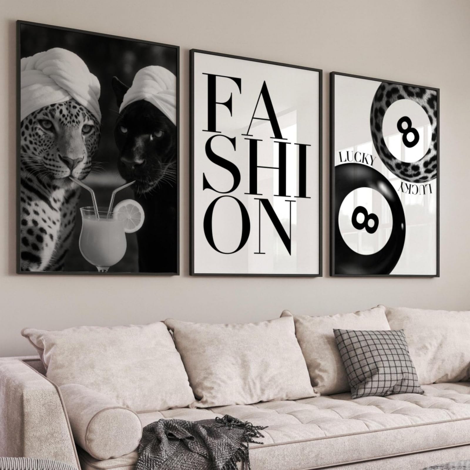 JORCEDI Black and White Leopard Panther Canvas Wall Art Set of 3, Fashion 8 Ball Cocktail Posters Prints, Funny Trendy Bar Cart Decor, 21x30-50x70cm, Unframed (21x30 cm,A)