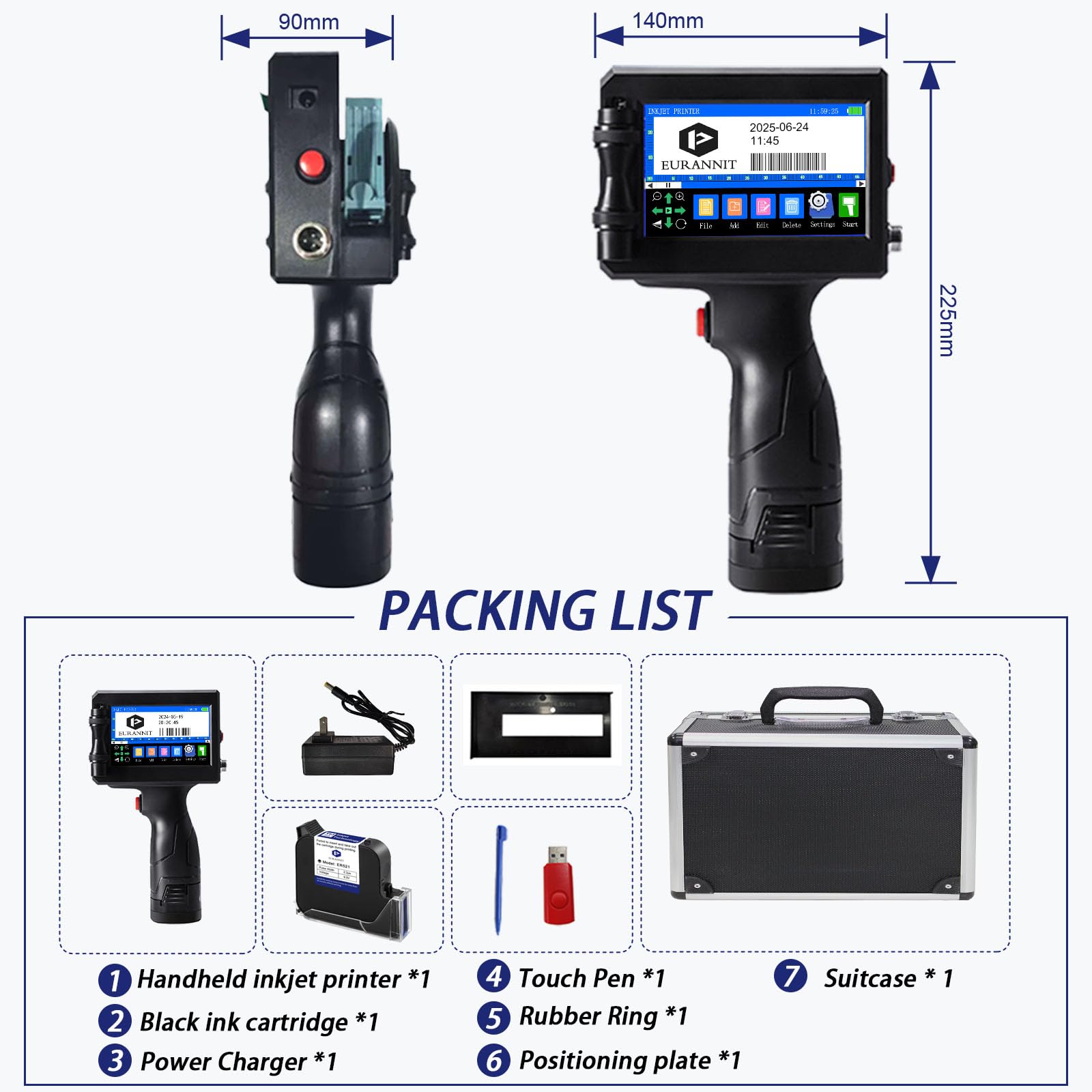 Tragbarer Tintenstrahldrucker, 25,4 mm, E15-1, Tintenstrahldruckerpistole, tragbar, mit Koffer, Touchscreen, LED 4,3 Zoll für Text, Logo, Datum, Chargennummer, QR