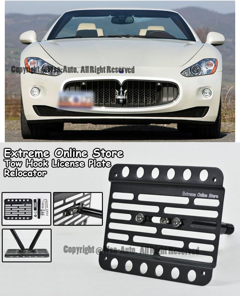 EOS License Plate Front Bumper Tow Mount Adapter Relocator Kit - Made for and Compatible with Maserati Gran Turismo 08-Up 2008 2009 2010 2011 2012 2013 2014 2015 2016 2017