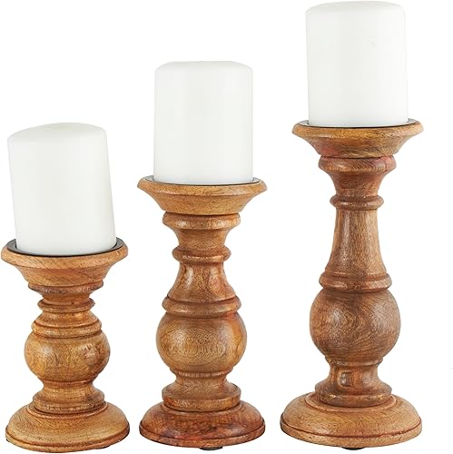 Miniatura 9 de Deco 79 Portavelas decorativo de madera de mango, soporte de vela de pilar torneado envejecido, juego de 3 portavelas de 6 pulgadas, 8 pulgadas, 10
