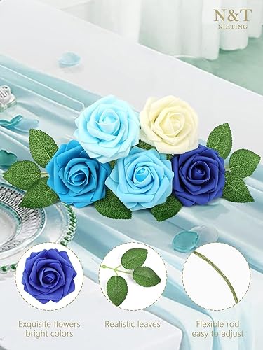 Miniatura 7 de N&amp;T NIETING - 50 rosas artificiales de color azul, para manualidades, bodas, damas de honor, ramos de novia, centros de mesa, arreglos florales,