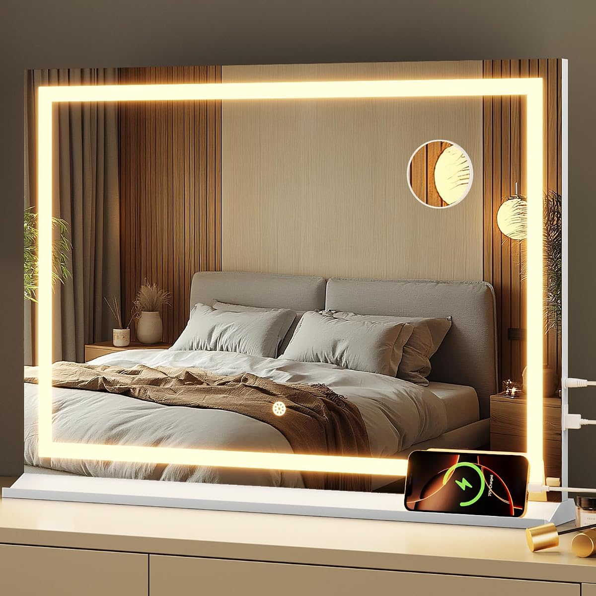 Memobarco Vanity Mirror with Lights, 24" x 32" Makeup Mirror with 3 Color Modes 5X Magnification & USB/Type-C Charging Port, Large LED Mirror for Bedroom Tabletop & Wall Mounted