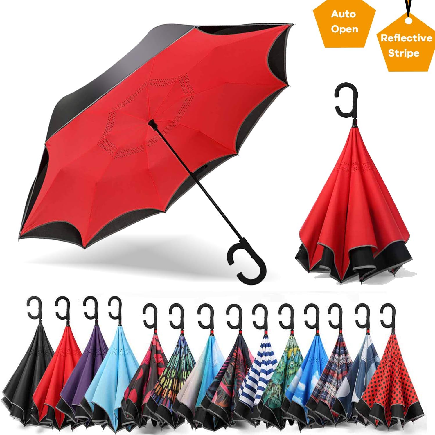 SIEPASA Auto-Open Reverse Umbrella, Umbrella Windproof, Inverted Umbrella, Umbrellas for Women with UV Protection, Upside Down Umbrella with Safe Reflective Stripe(Red)