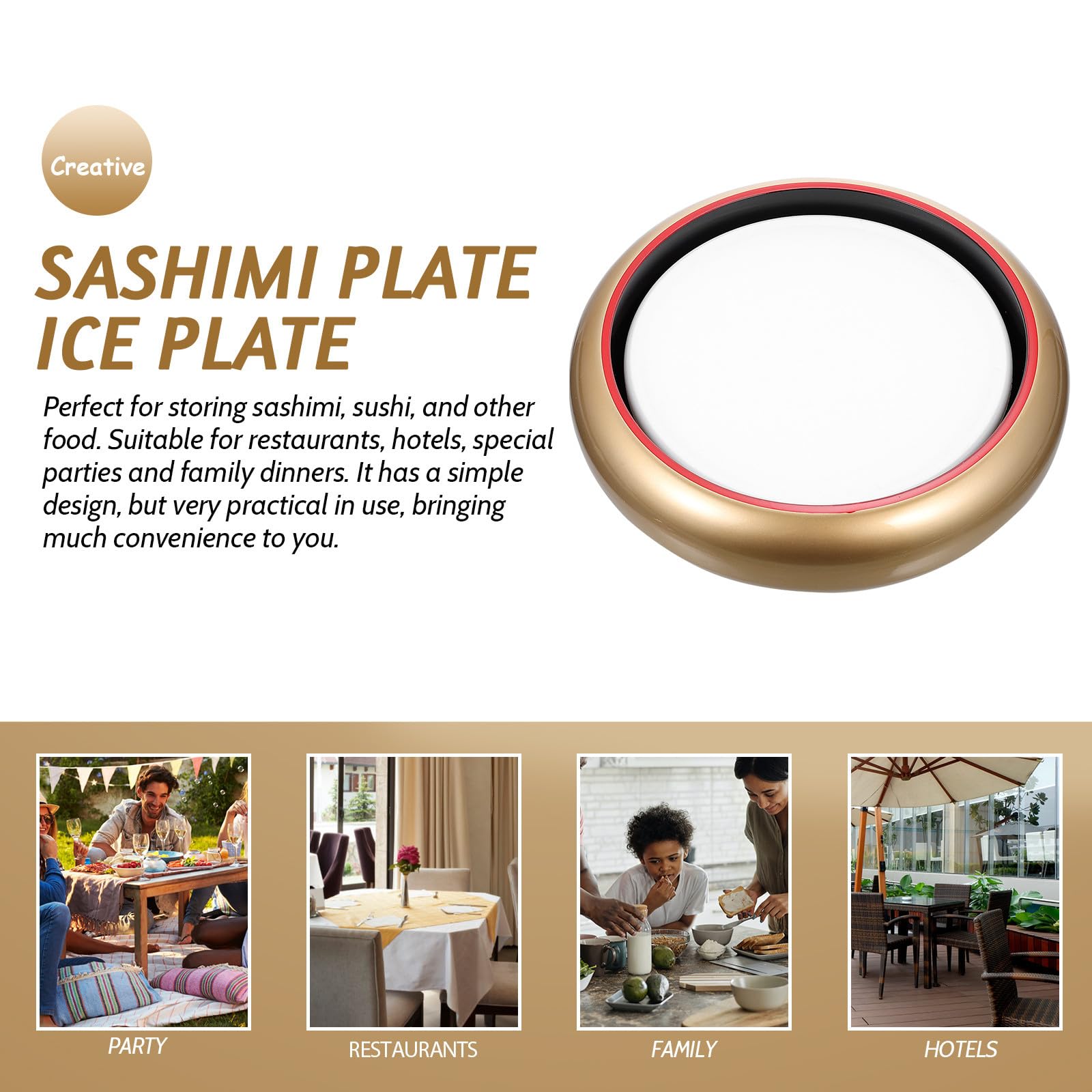 ULTECHNOVO Assiette Décorative Ronde Surface Lisse et Résistante en Plastique Or Style Simple et Élégant pour Sashimi et Saumon pour Service Sushi
