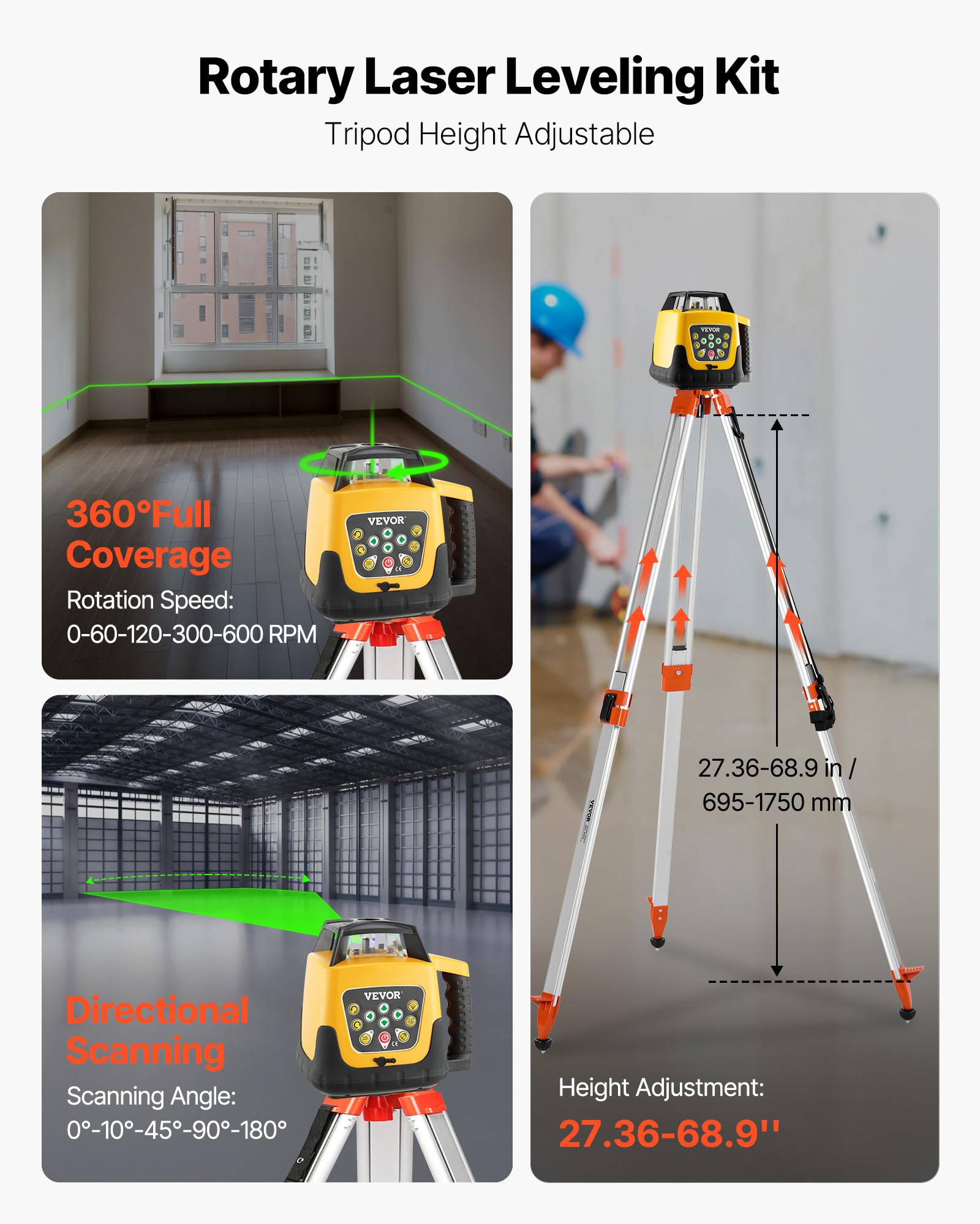 VEVOR Kit Livella Laser Rotante Raggio Verde, Kit Livella Laser Rotante a 360° con Treppiede Portata 500 m, Pendenza Regolabile, Angolo Scansione Flessibile con Telecomando Custodia per Trasporto
