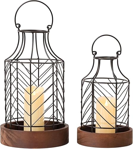 Faroles decorativos rústicos de granja, juego de 2 faroles portavelas vintage con base de madera, faroles decorativos de metal negro para decoración