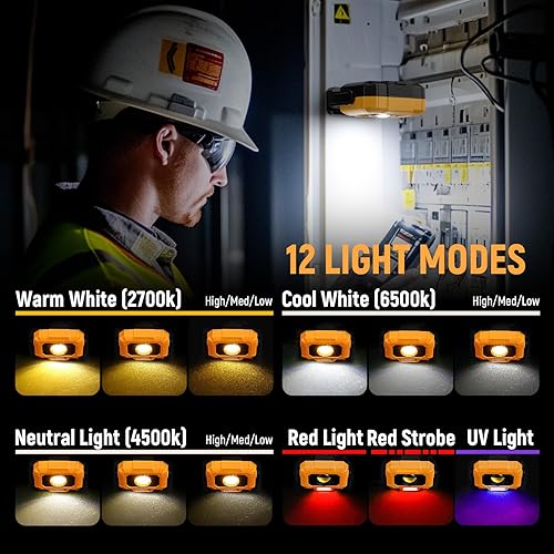Miniatura 6 de Adelante Paquete de 2 luces de trabajo magnéticas recargables, luz de trabajo LED de 1500 lúmenes, soporte giratorio de 360, 3 temperaturas de