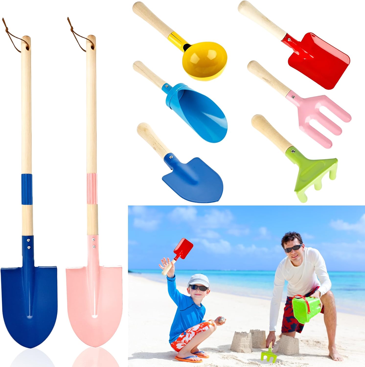 8 Pieces Kids Beach Sand Tools Metal Beach Spoon, Trowel, Rake, Forks, Flat and Pointed Shovel Sand Digging Buckets with Sturdy Wooden Handle for Children Gardening Use