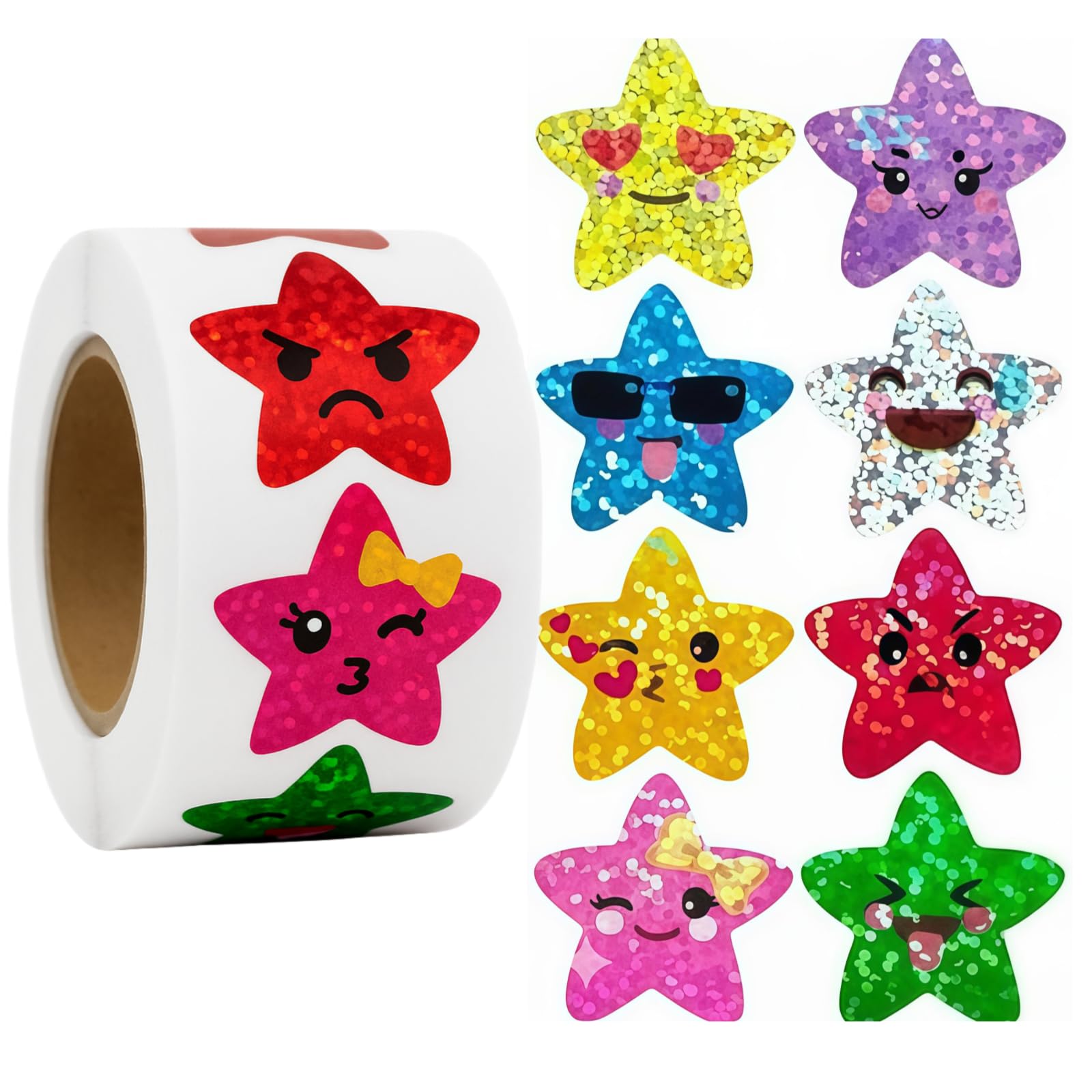 500pcs Multicolor Smiling Star Stickers,1 Inch Small Star Stickers Roll Self Adhesive Glitter Sparkly Foil Holographic Stickers for School Reward Decor Crafts Supplie (8 Colors) Teaching