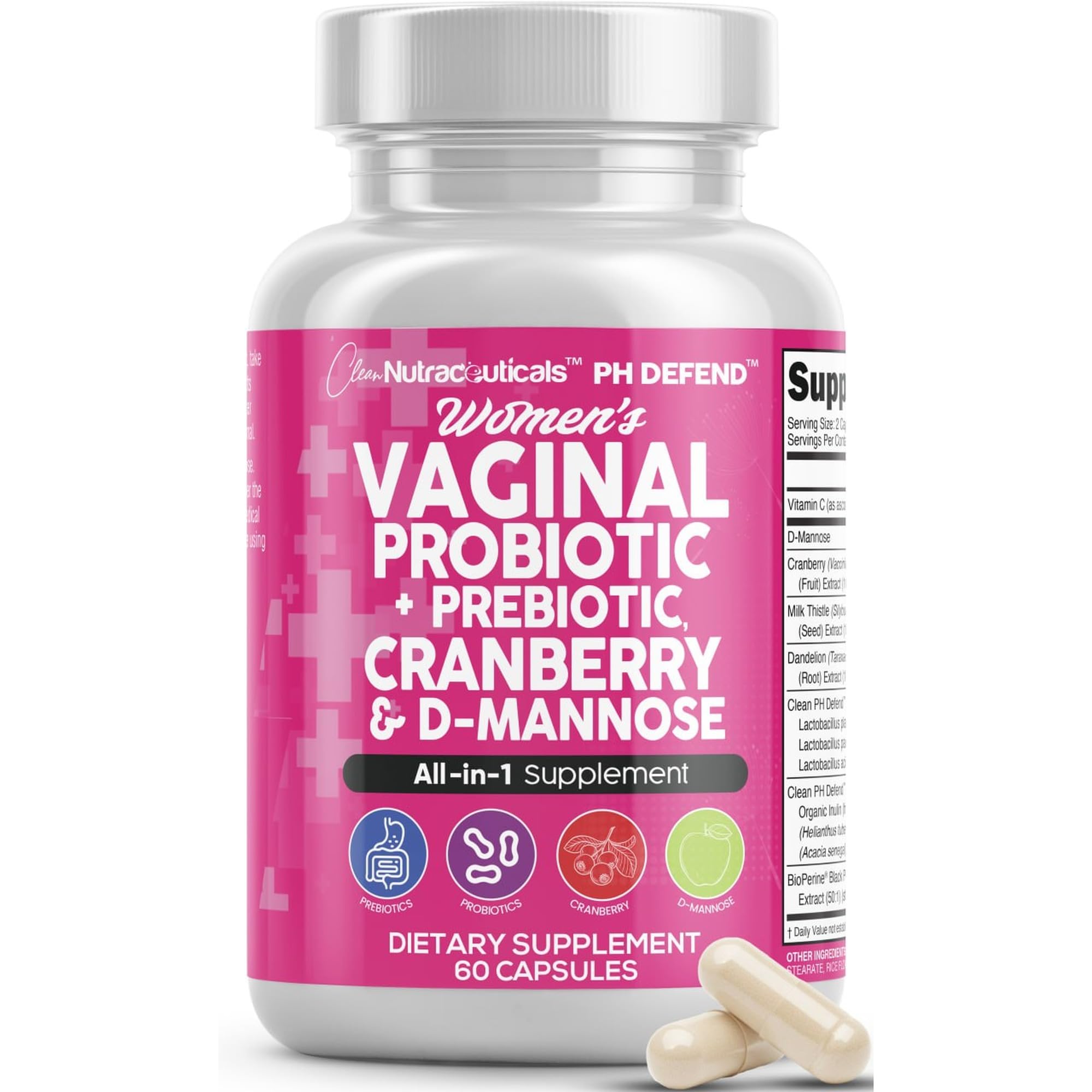 Clean Nutraceuticals Vaginal Probiotics for Women with Cranberry, D-Mannose, Prebiotics, pH Balance Support, Feminine Health, Urinary Tract Cleanse – Capsule Alternative to Gummies – 60 Count 1