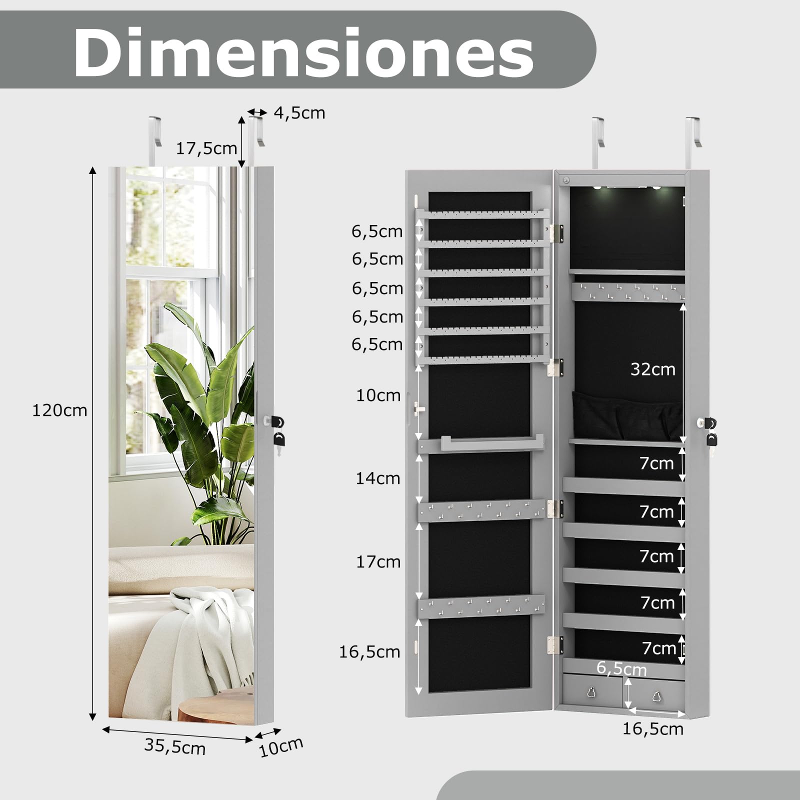 COSTWAY LED Armario con Espejo Joya Organizador de Puerta o Pared con Llave Gris