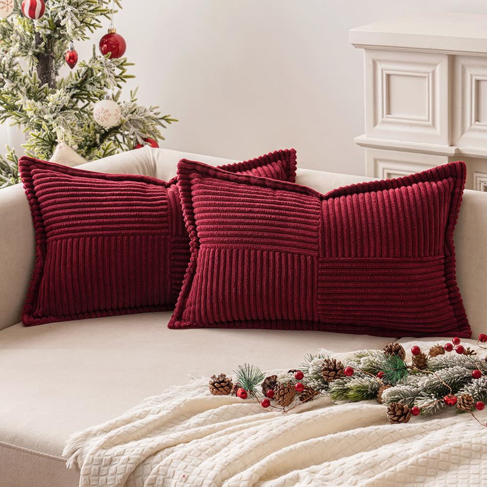 MIULEE 2er Set Kissenbezug 40×60cm Kordsamt Biese Patchwork Burgund